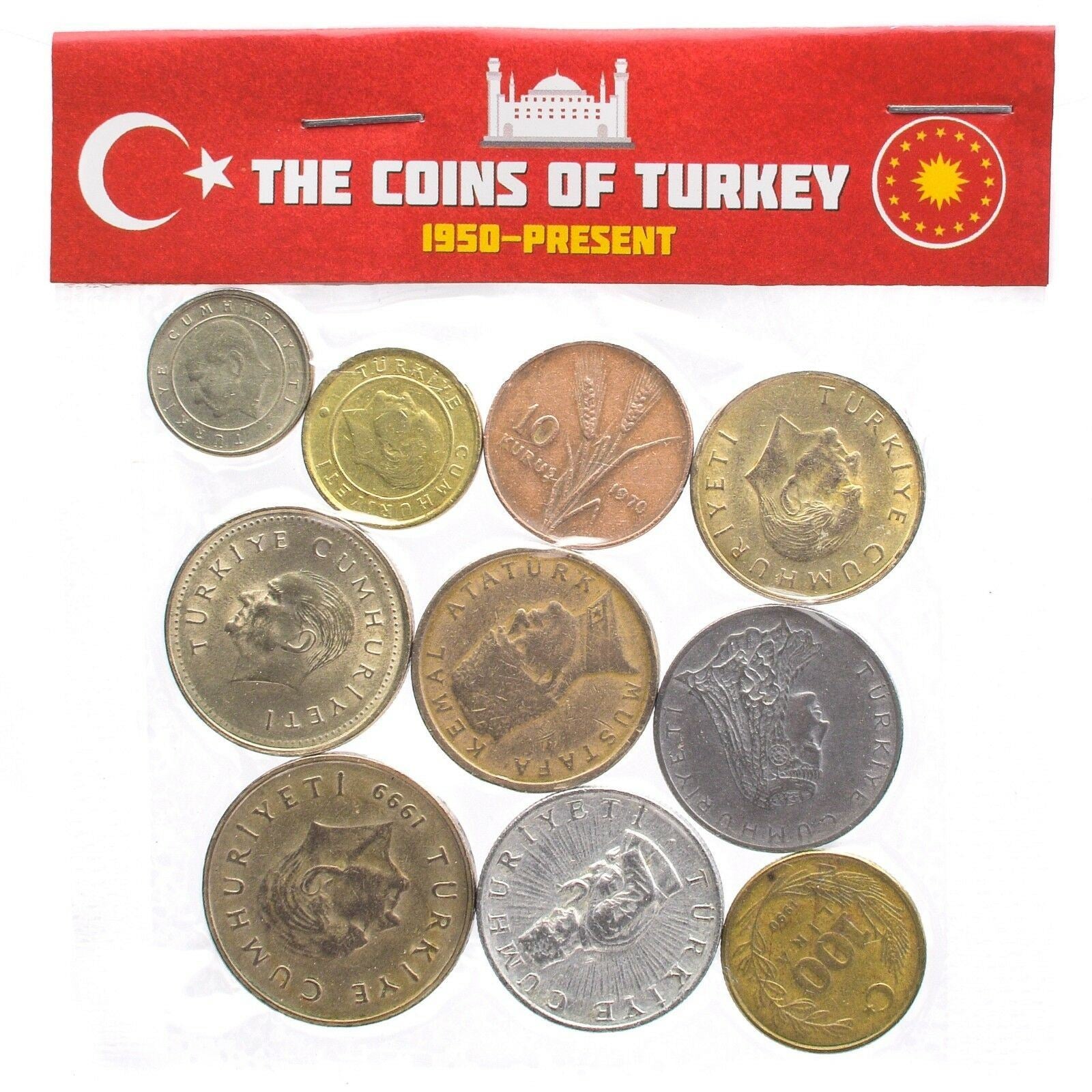 10 Mixed Turkish Coins | Kurus Bin Lira | Crescent and star | Mustafa Kemal Ataturk | 1961 - 2023