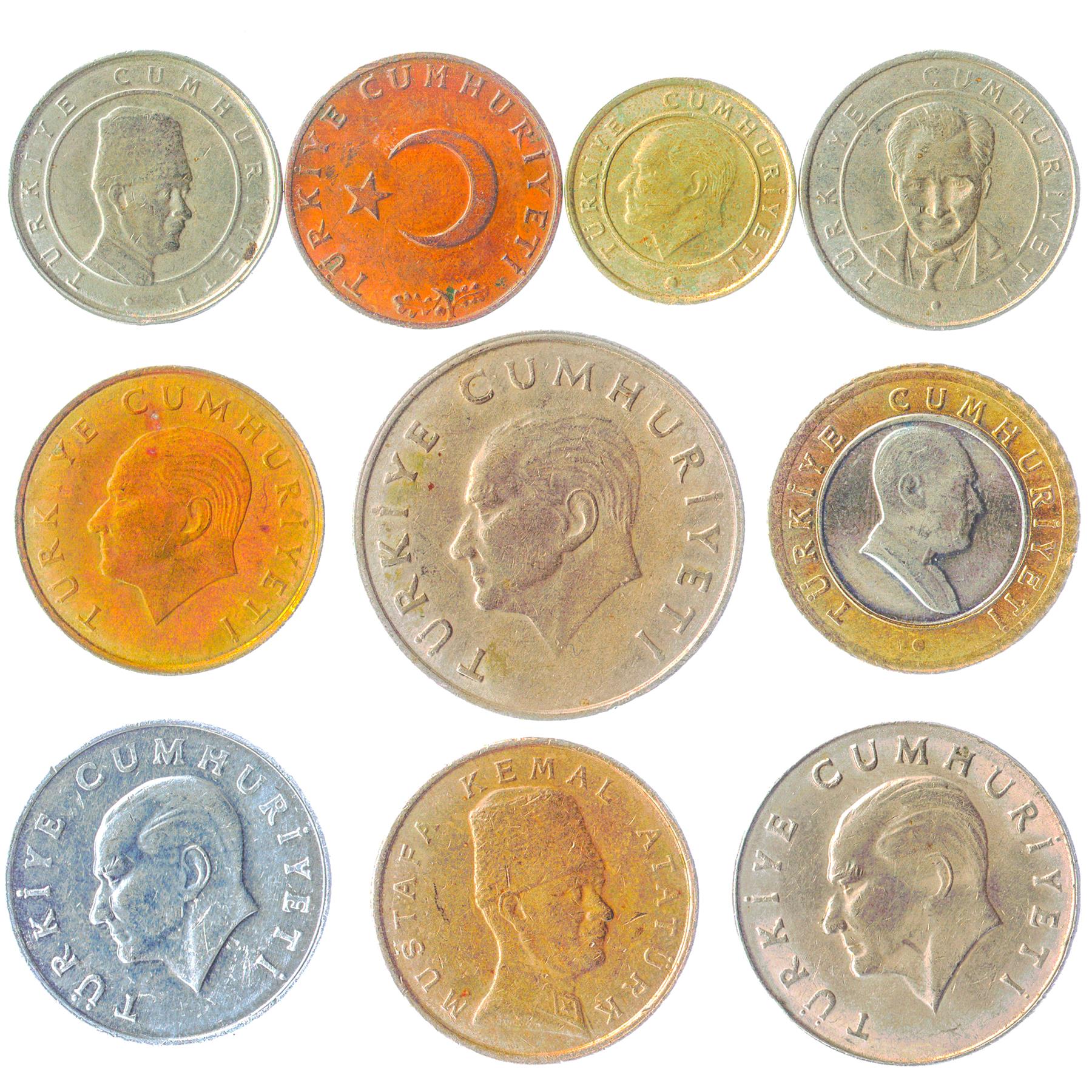 10 Mixed Turkish Coins | Kurus Bin Lira | Crescent and star | Mustafa Kemal Ataturk | 1961 - 2023