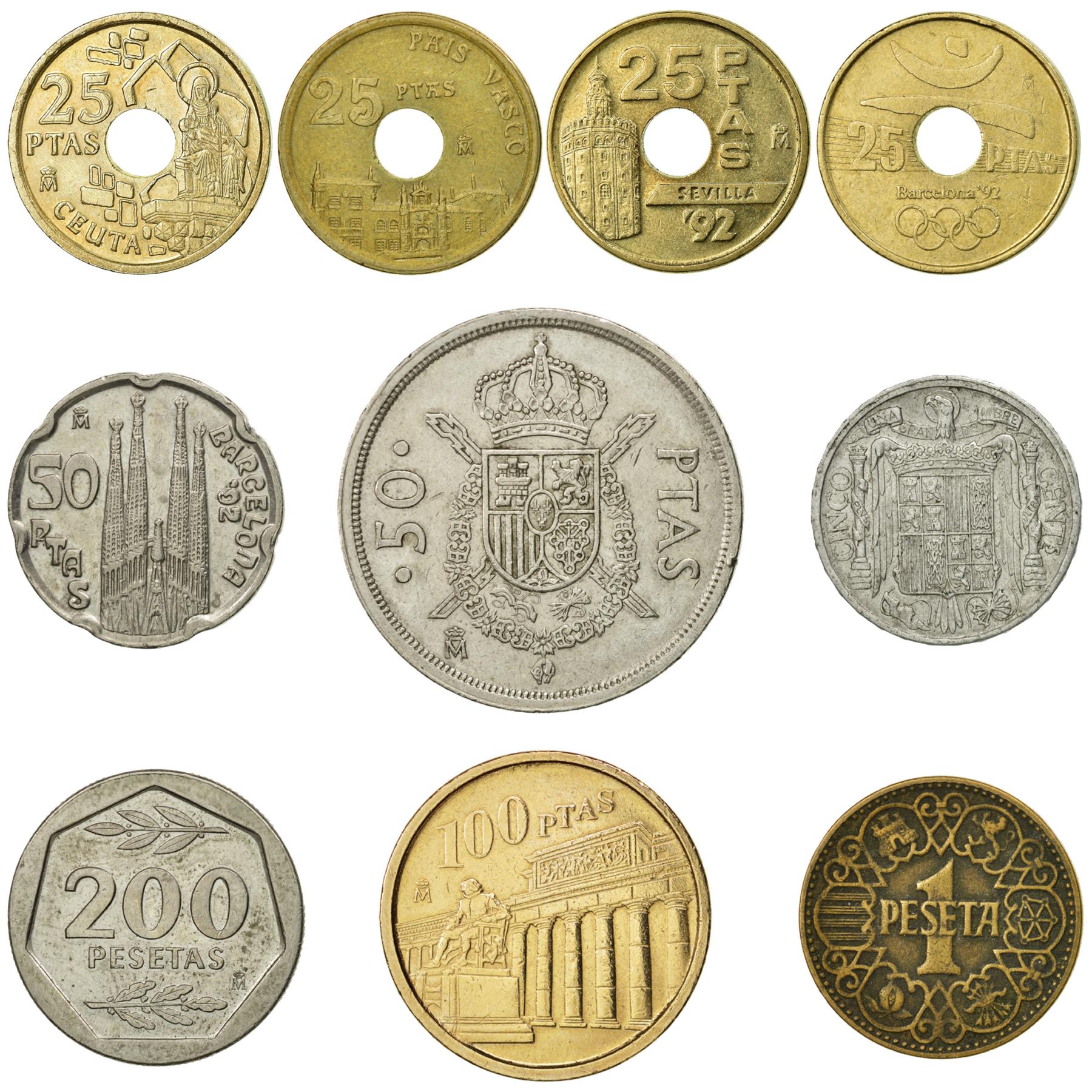 10 Spain Coins | Spanish Currency Collection | 5 Centimos 1 25 50 100 200 Pesetas | Foreign Money | Monedas De Coleccion | 1940 - 1994