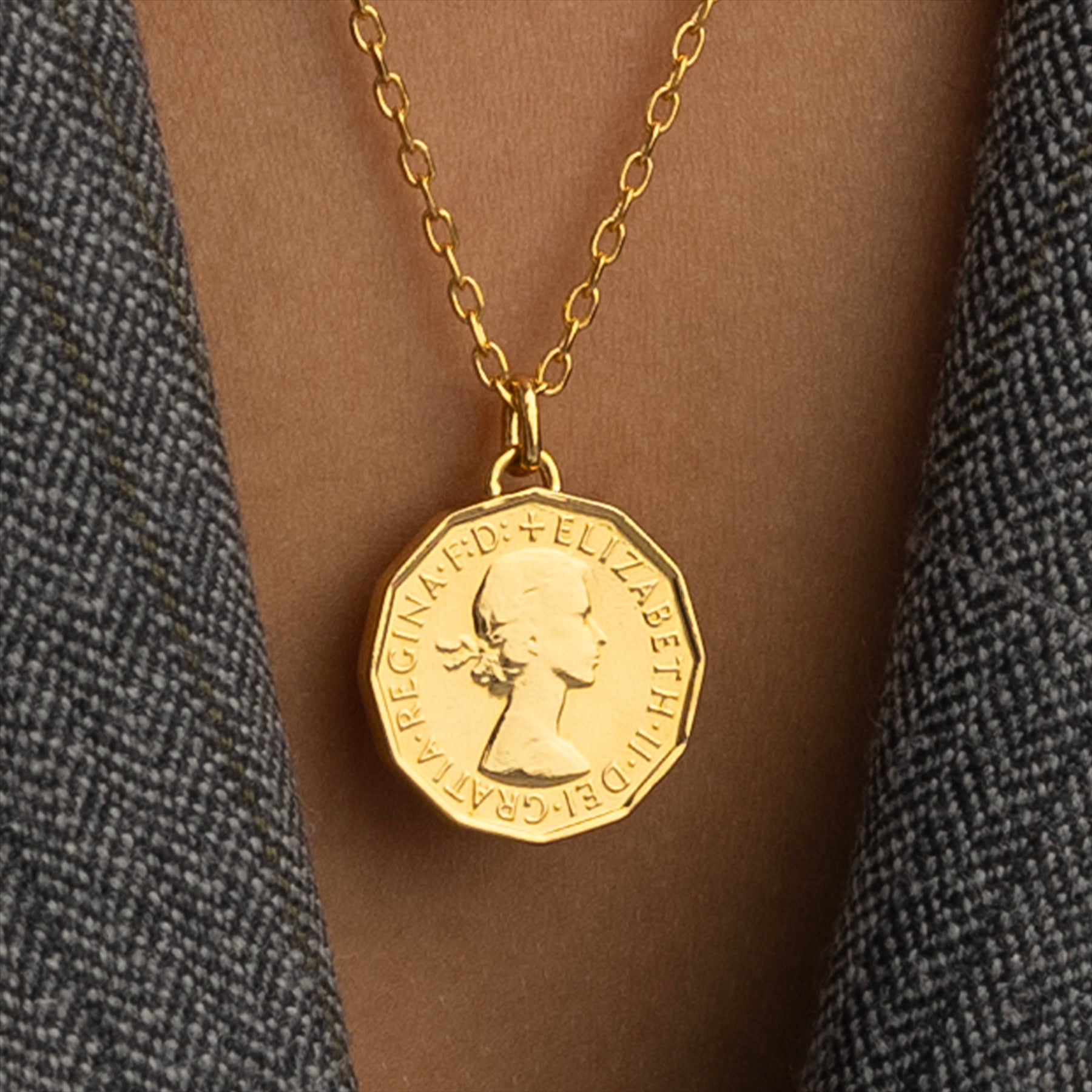 24K Gold Plated Genuine British 3 Pence Coin Medallion | Necklace | Queen Elizabeth II | 1954 - 1970