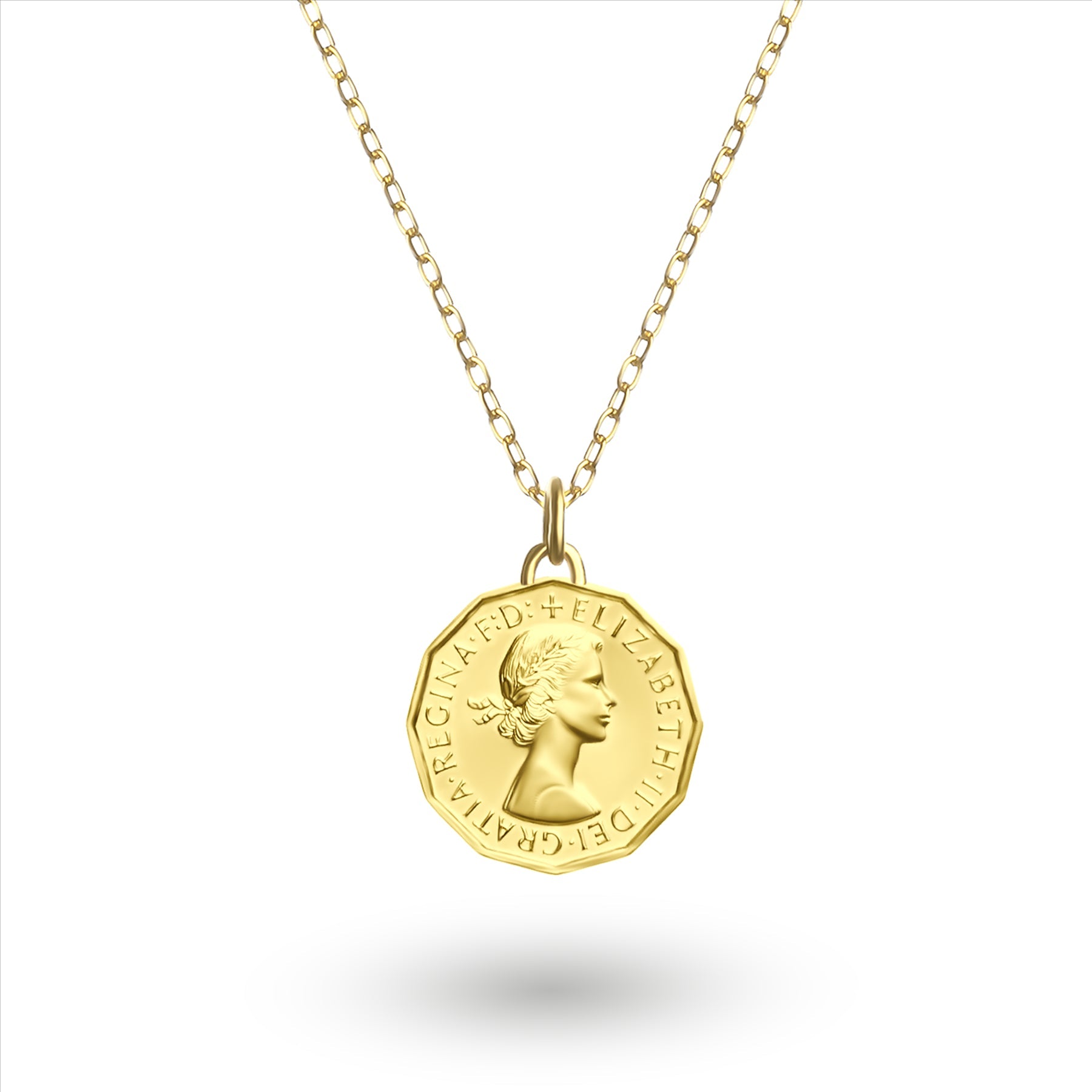 24K Gold Plated Genuine British 3 Pence Coin Medallion | Necklace | Queen Elizabeth II | 1954 - 1970