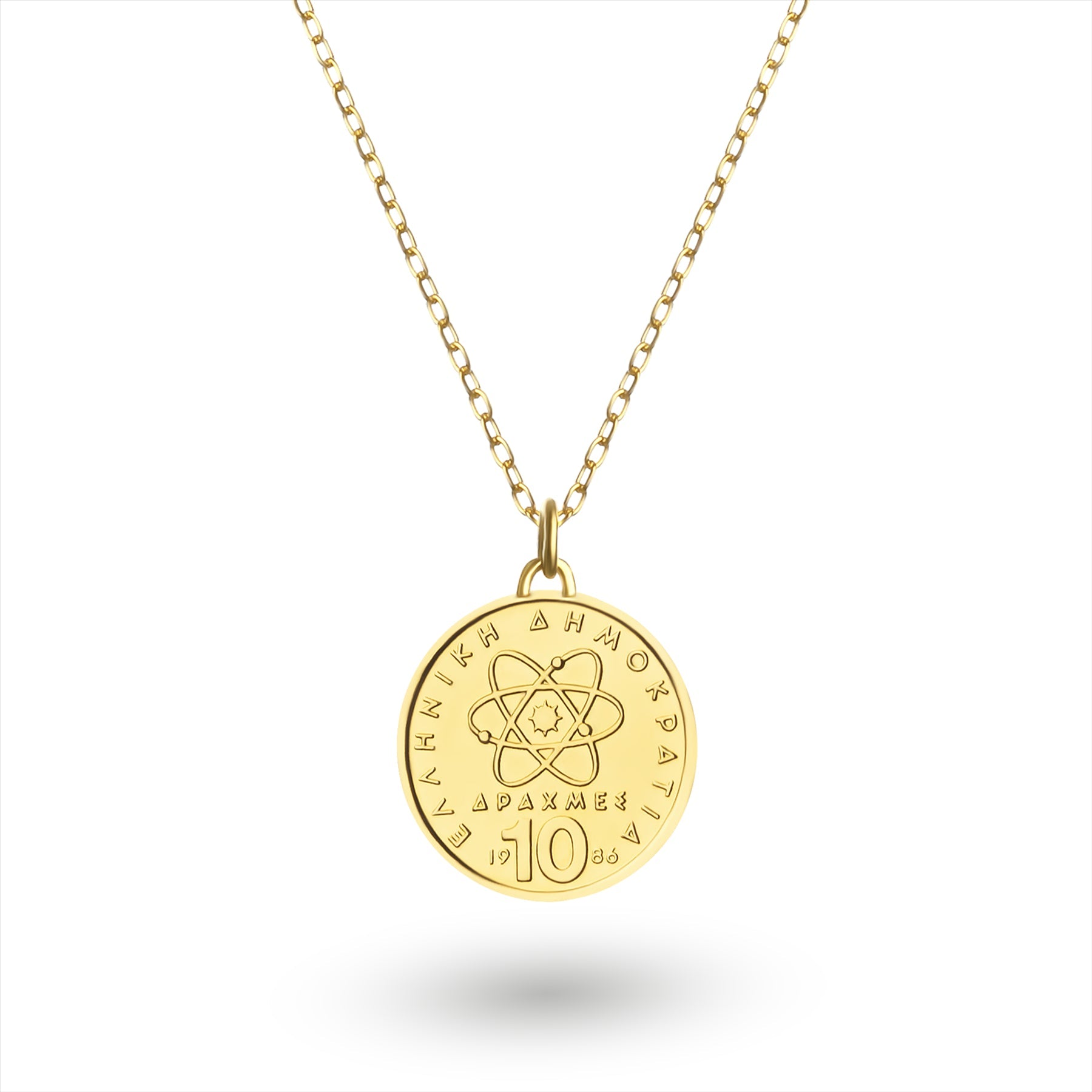 24K Gold Plated Genuine Greek 10 Drachmes Coin Necklace | Medallion | Democritus | 1976 - 2000