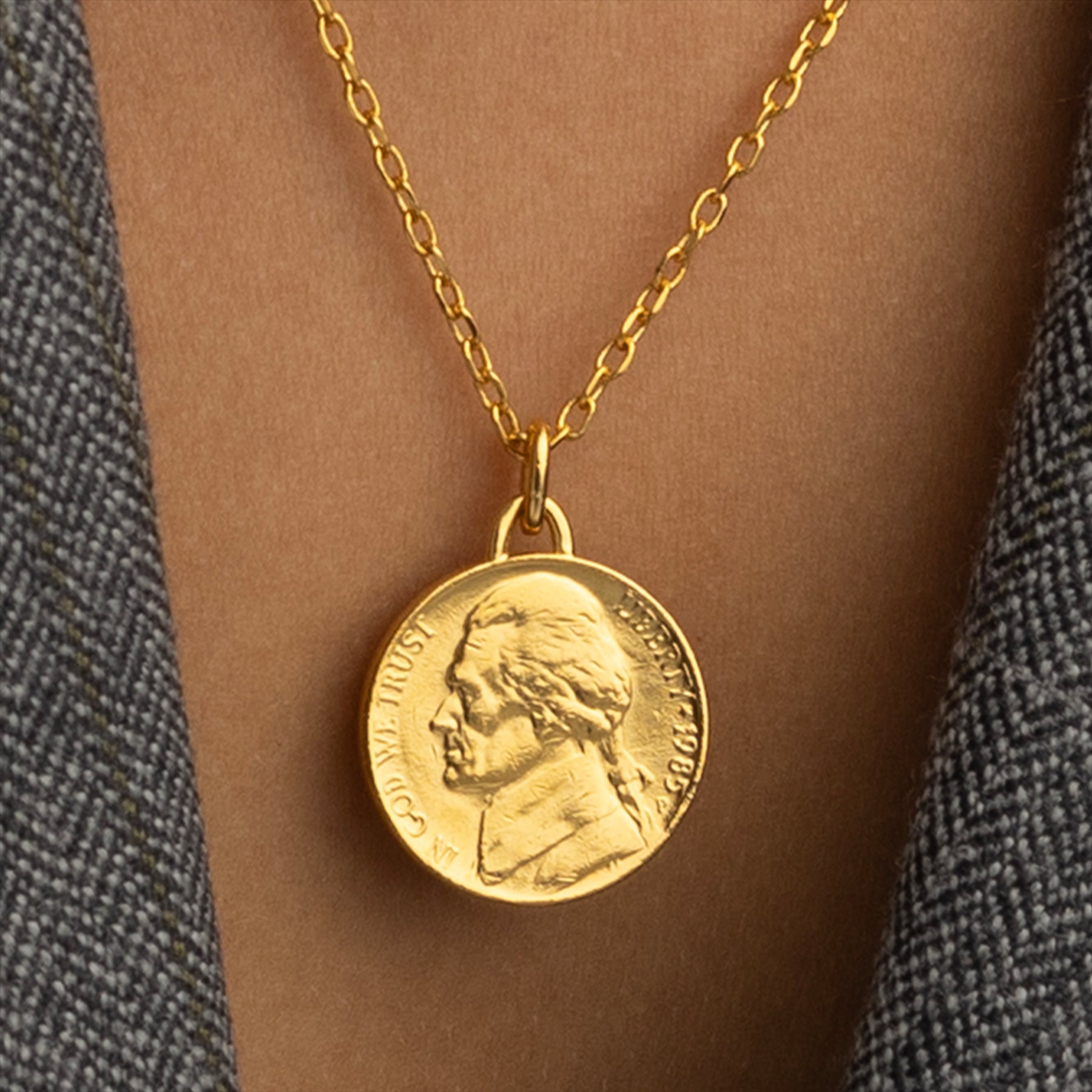 24K Gold Plated Genuine United States of America 5 Cents Coin Necklace | Medallion | Thomas Jefferson | 1938 - 2003