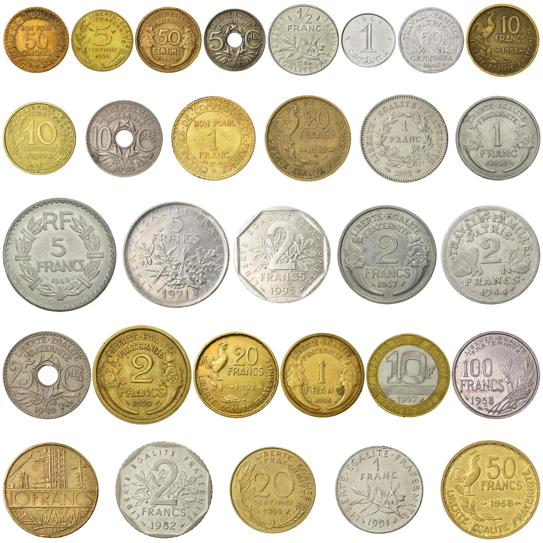 30 France Coins | French Currency Collection | 1 5 10 20 25 50 Centimes 1 1/2 2 5 10 20 50 100 Francs | Foreign Money | Collection De Pièces | 1917 - 2001