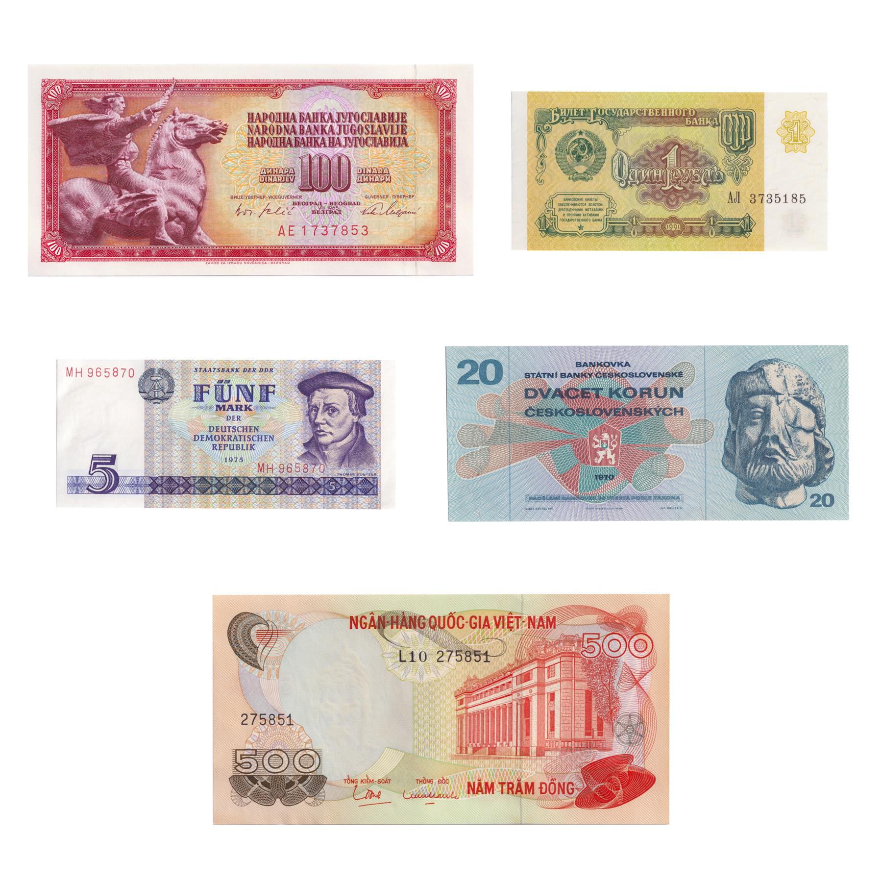 5 Banknote Set | Former Countries | USSR | East Germany | Czechoslovakia | Yugoslavia | Vietnam