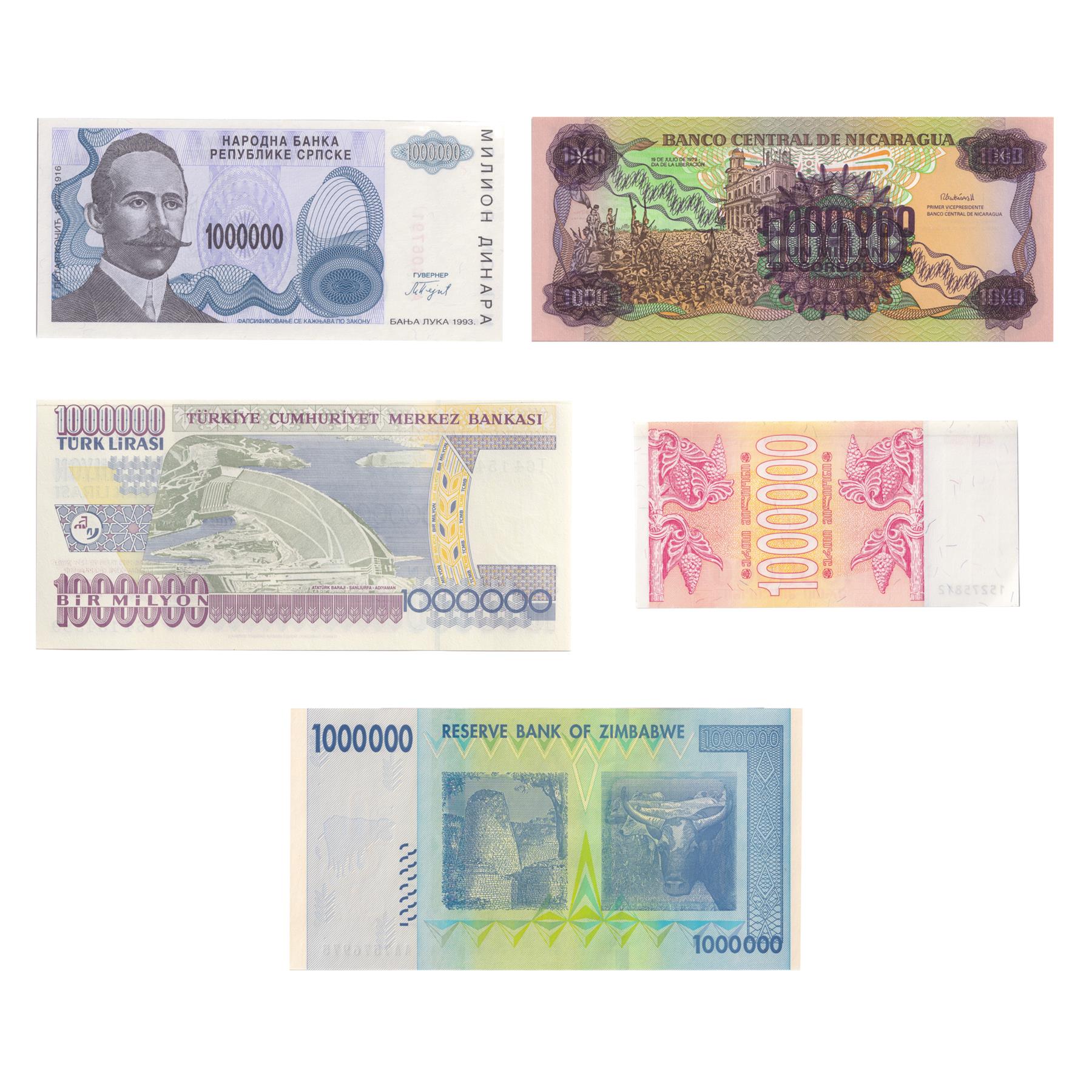 5 Banknote Set | Millionaires Club | Currency of 1 Million | Lari | Dinara | Dollars | Cordobas | Lira