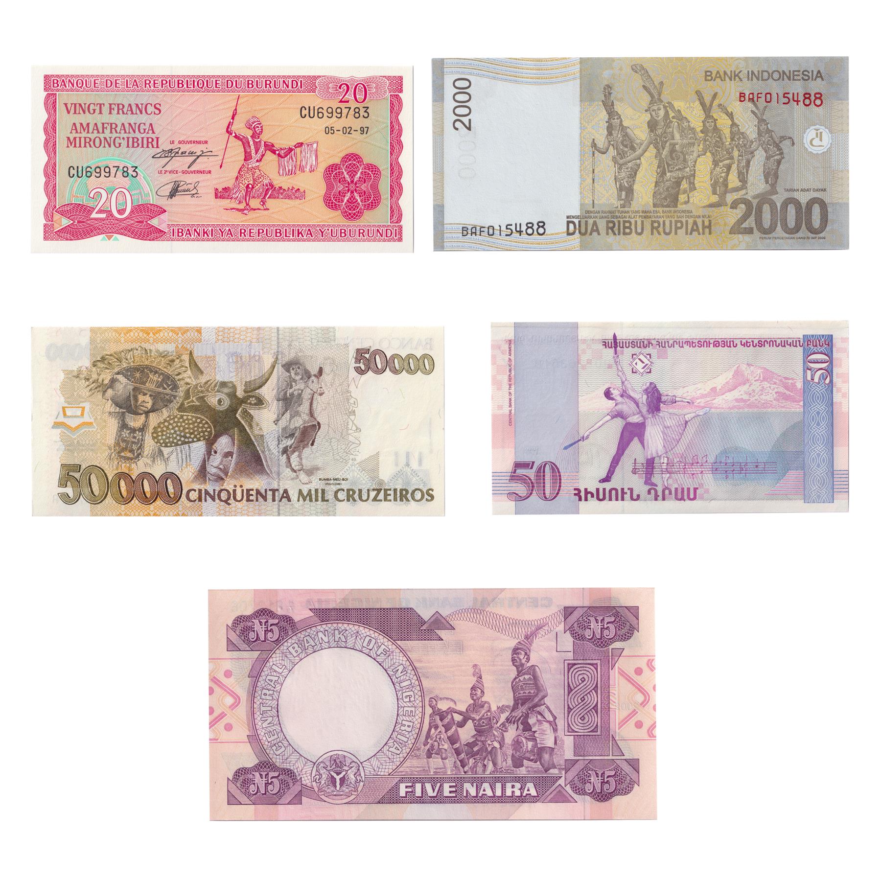 5 Banknotes Set | Traditional Dance | Gayaneh Ballet | Bumba | Dayak | Nkpokiti Dancers