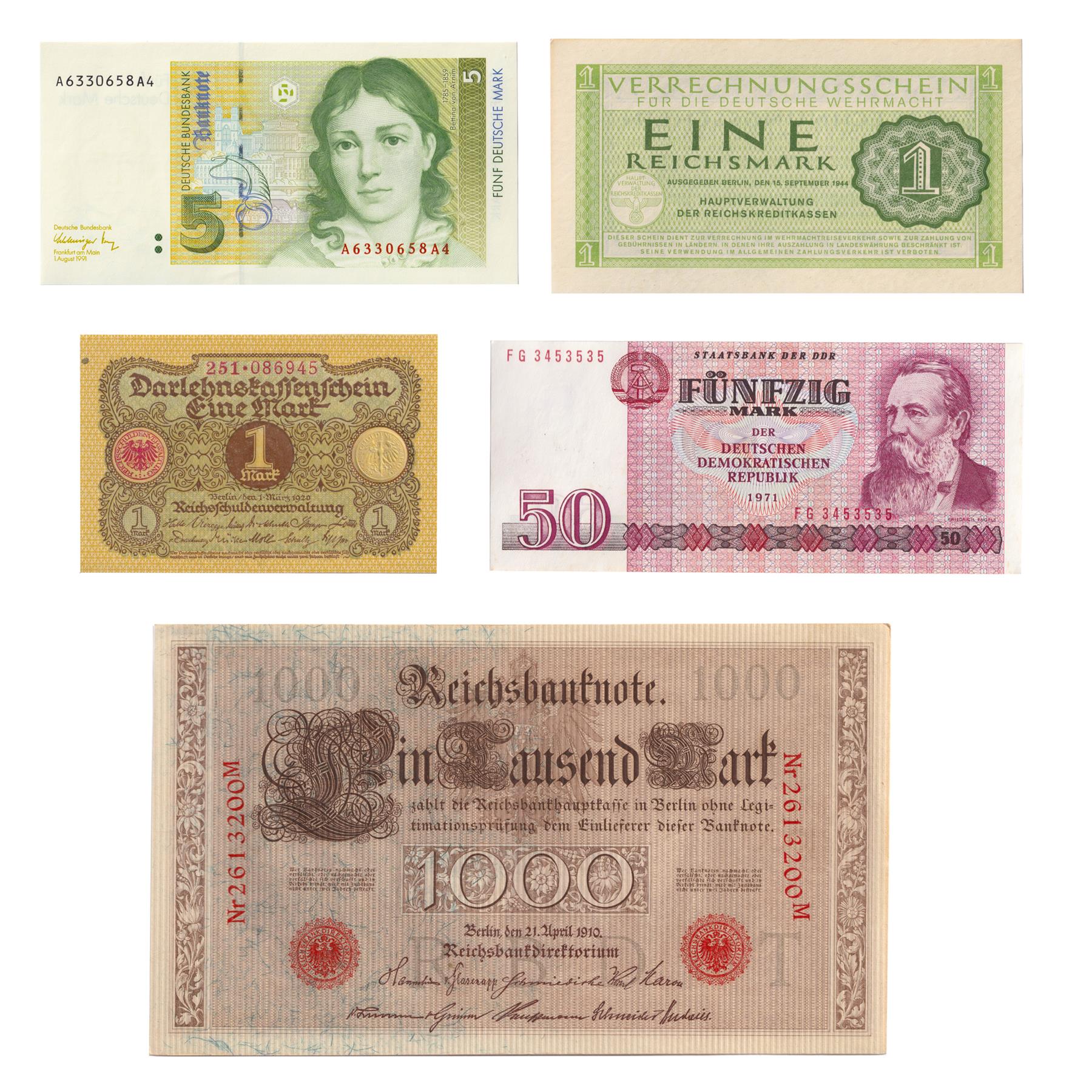 5 German Banknote Set | History of the German Currency | 1910 - 1991