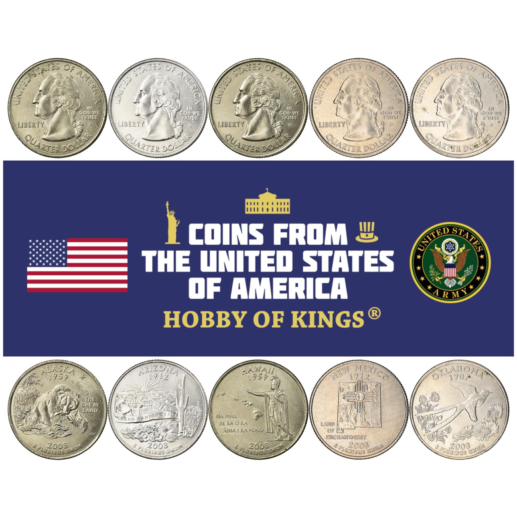 American 5 Coin Set ¼ Dollar | Kamehameha I | G. Washington | Grizzly Bear | Scissor-Tailed Flycatcher | Saguaro Cactus | The Grand Canyon | Zia Sun | United States | 2008