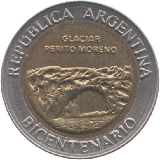 Argentina 1 Peso Coin | Glaciar Perito Moreno | Ice Arch | Sun | 2010