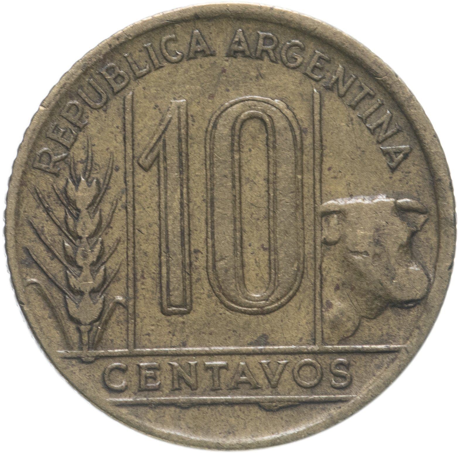 Argentina 10 Centavos Coin | Wheatear | Bull | Liberty | KM41 | 1942 - 1950