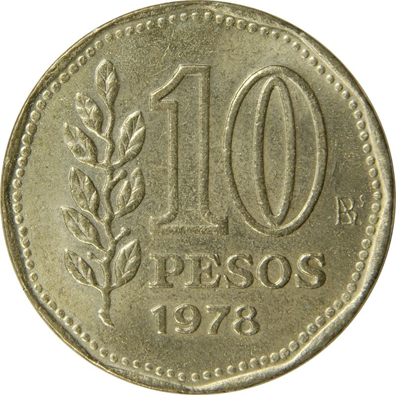 Argentina 10 Pesos | Sol de Mayo | Olive branch Coin | KM72 | 1976 - 1978