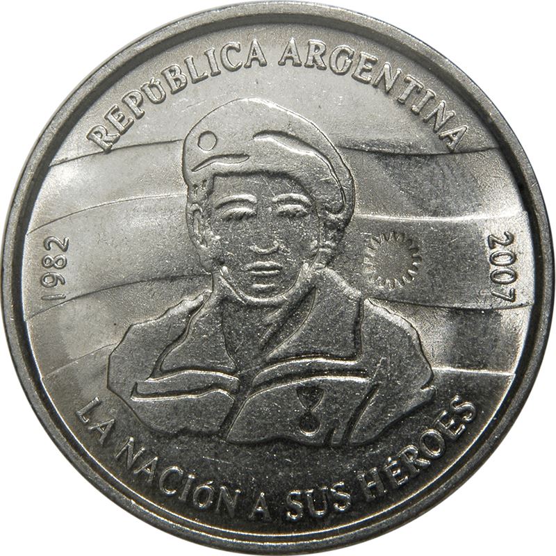 Argentina 2 Pesos Coin | Argentinian Soldier | Flag | Map | KM144 | 2007