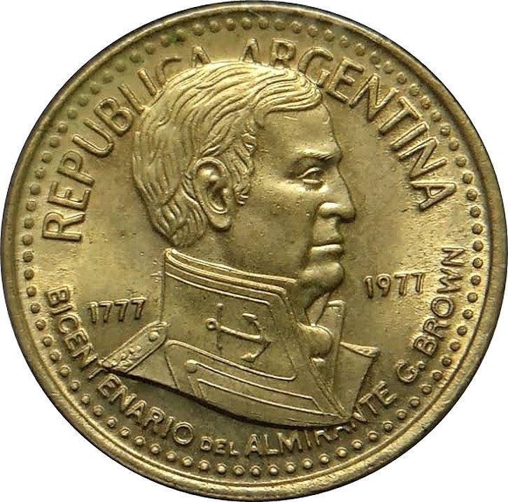 Argentina 5 Pesos Coin | Admiral G. Brown | Grain Sprigs | 1977