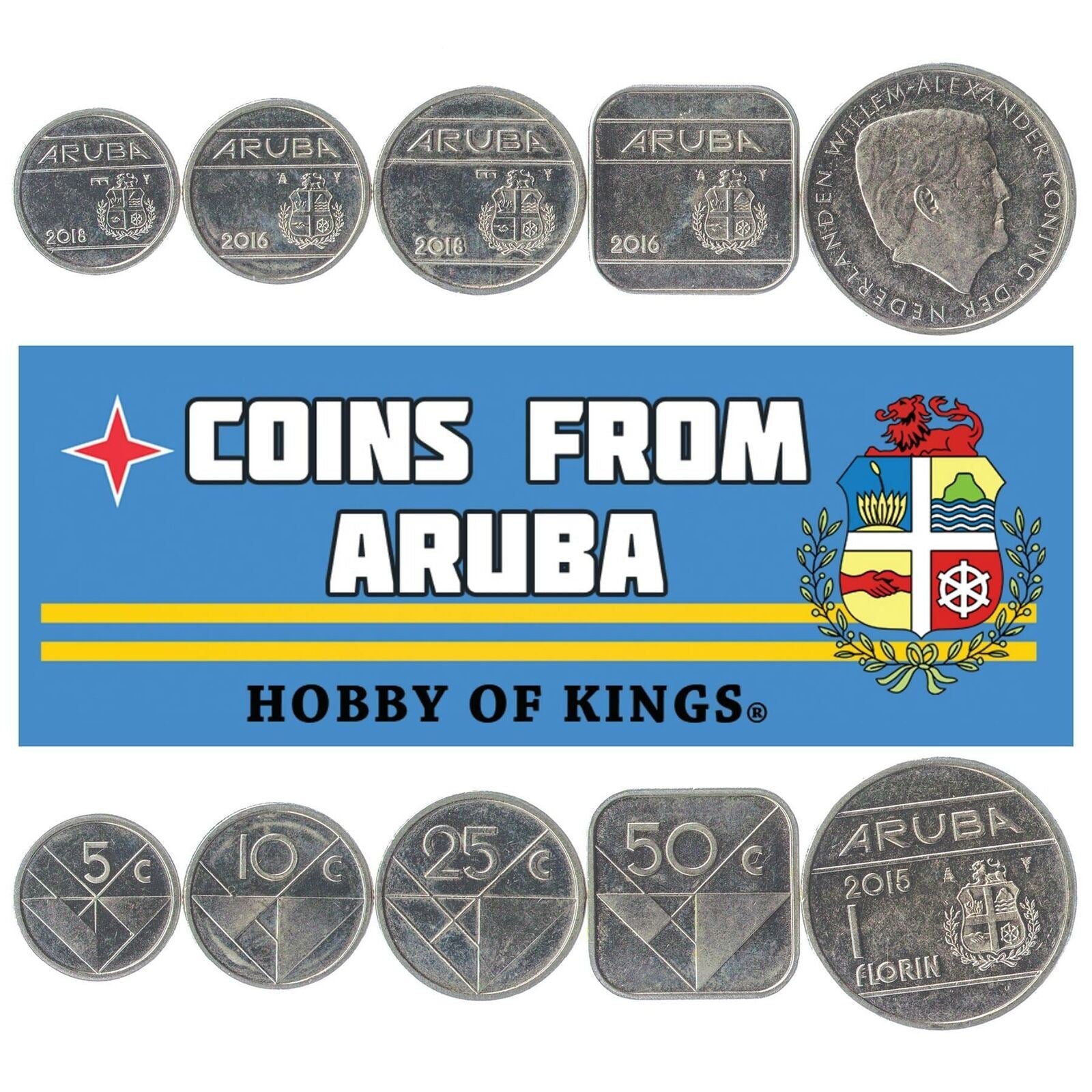 Aruba | 5 Coin Set | 5 10 25 50 Cents 1 Florin | Geometric Design | King Willem-Alexander | 2014 - 2023