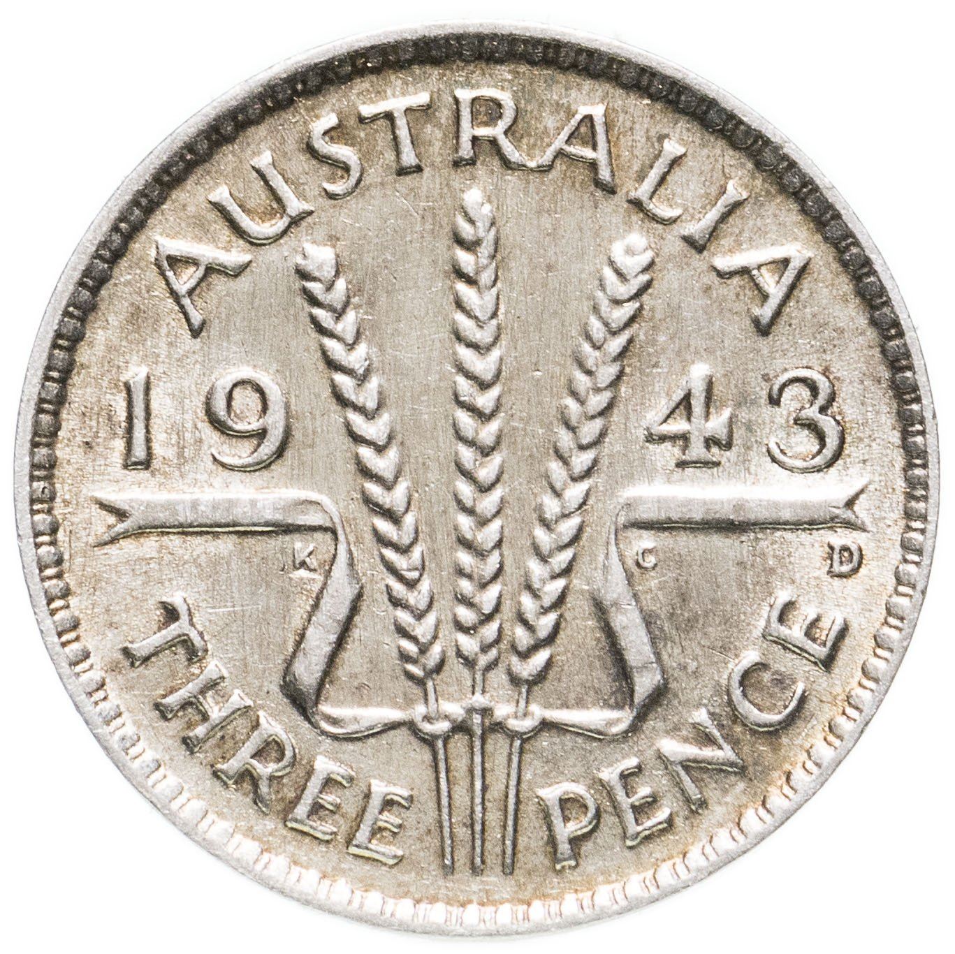 Australia | 3 Pence Coin | George VI | Wheat | Ribbon | KM37 | Silver | 1938 - 1944