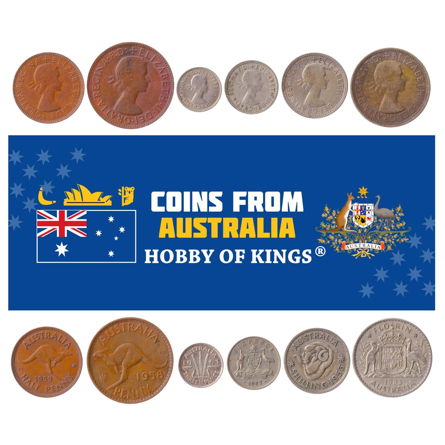 Australian 6 Coin Set ½ 1 Penny 3 6 Pence 1 2 Shilling | Wheat stalk | Kangaroo | Emu | Elizabeth II | Ram | 1953 - 1964