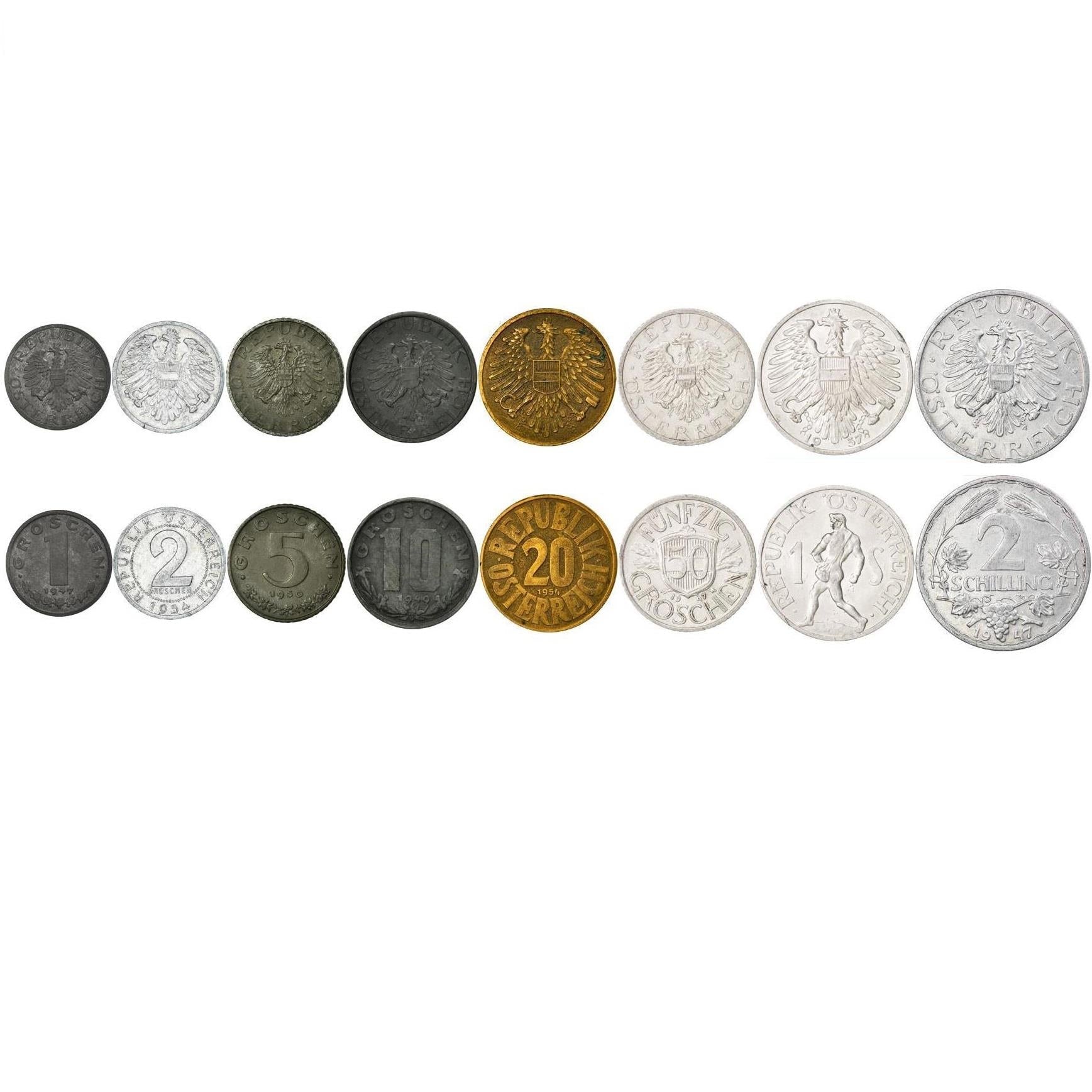 Austria | 8 Coin Set | 1 2 5 10 20 50 Groschen 1 2 Schilling | 1946 - 1957