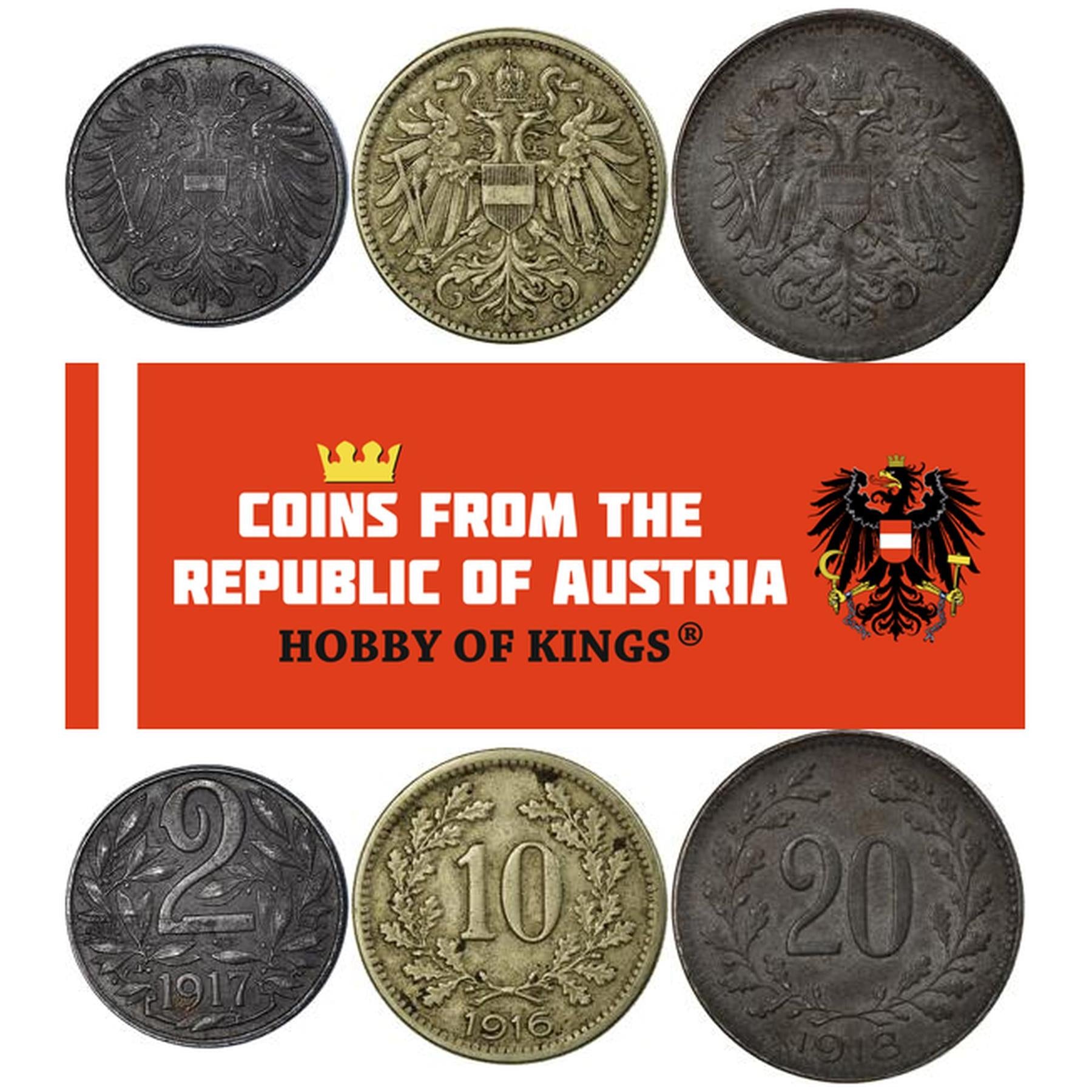 Austrian Empire | 3 Coin Set | 2 10 20 Hellers | Austrian Escutcheon | 1916 - 1918