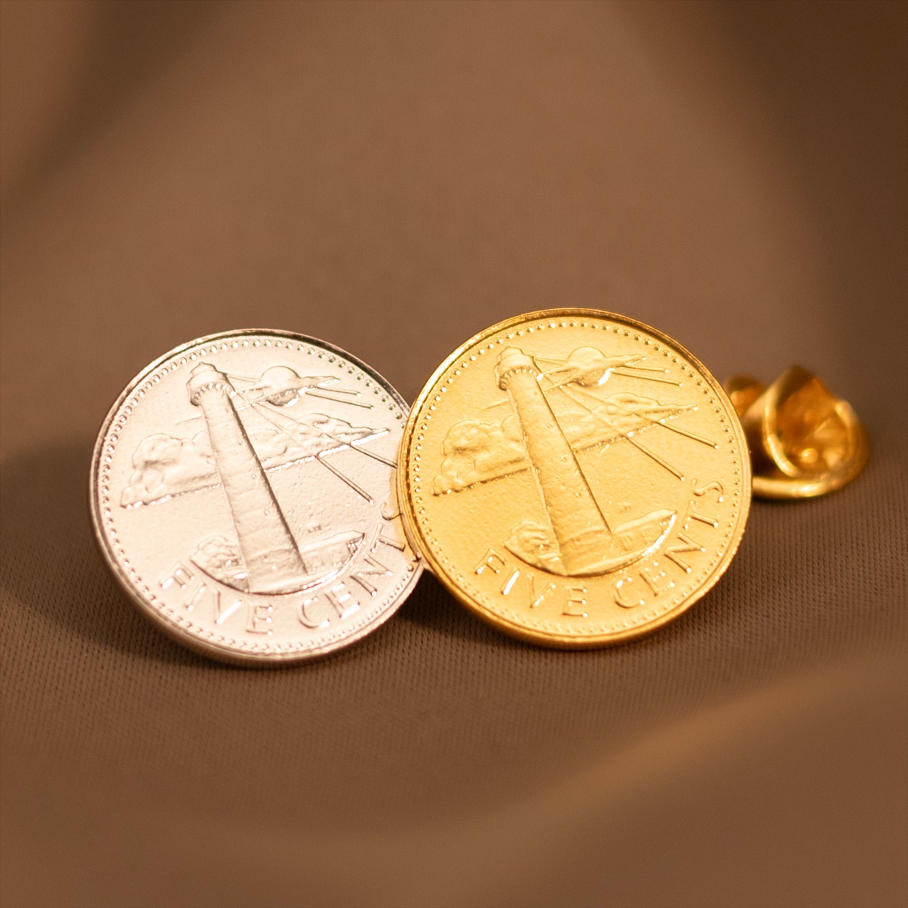 Barbados Coin Pin Brooch Badge | Genuine 5 Cents | 18K Gold Plated | Lighthouse | Navy | Sailor | Journey