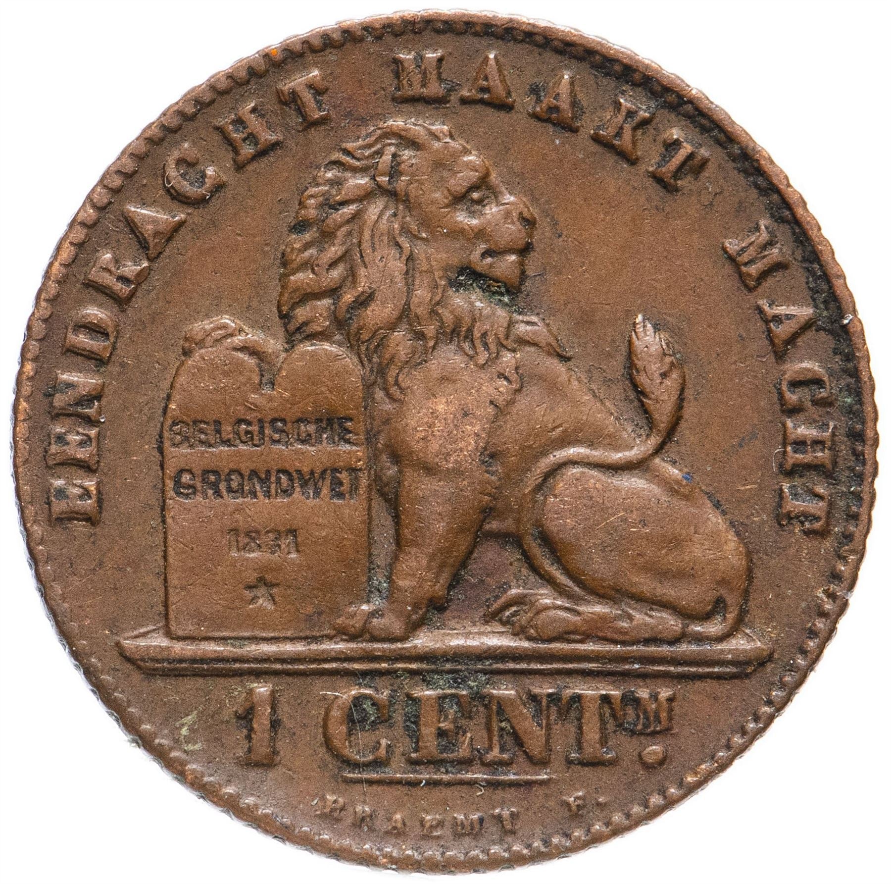 Belgian 1 Centime Coin | Albert I Belgie | Lion | Constitution | Star | KM77 | 1912