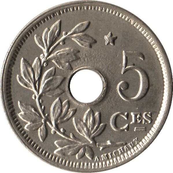 Belgian 5 Centimes Coin | Albert I Belgique | Star | Olive Sprig | KM93 | 1932