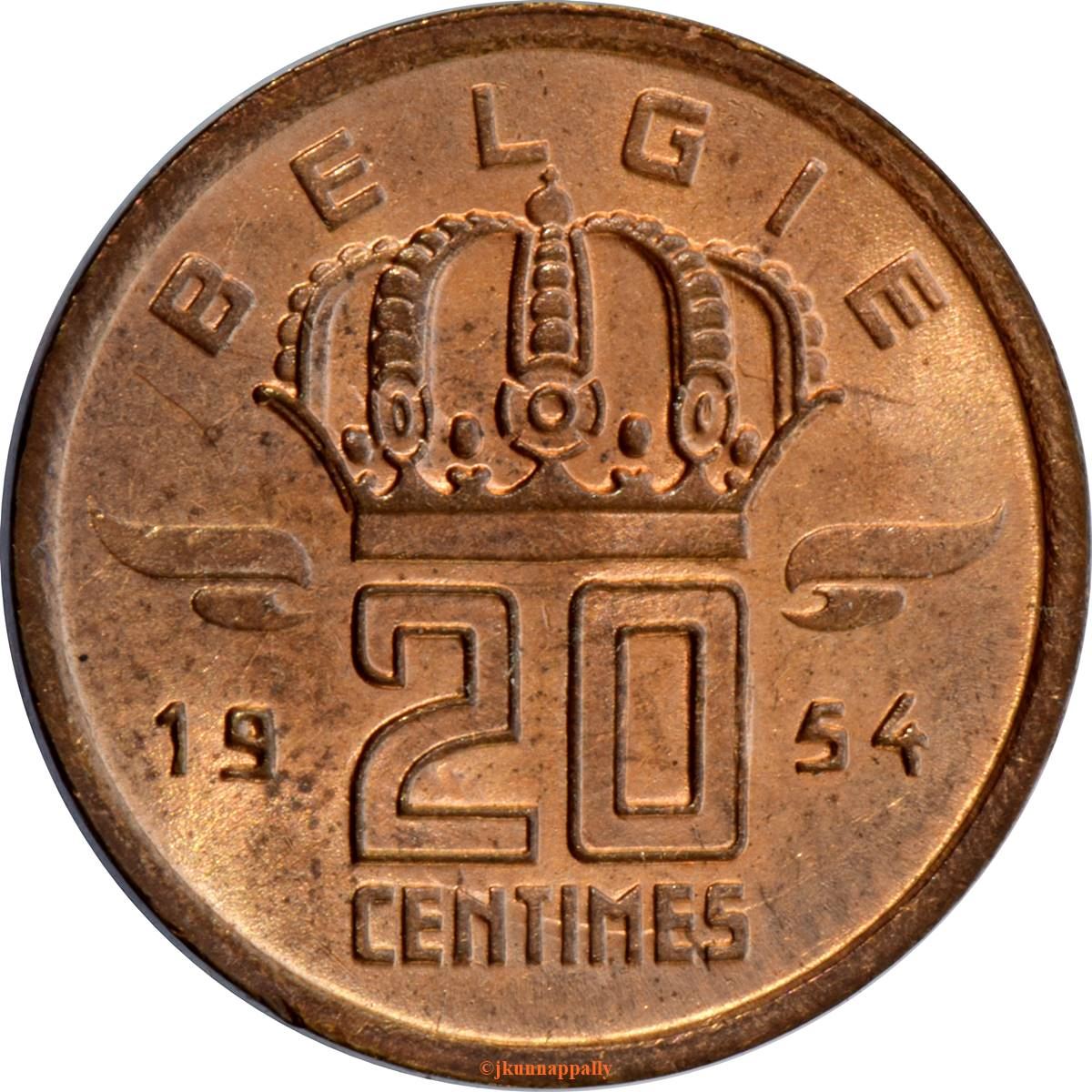 Belgian Coin 20 Centimes - Baudouin I België | Miner | Mining Lamp | KM147 | 1954 - 1960