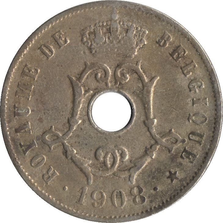 Belgian Coin 25 Centimes - Léopold II Belgique | Olive Branch | Star | KM62 | 1908 - 1909