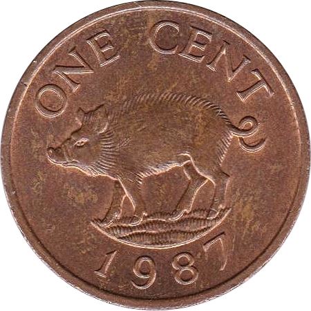 Bermuda | 1 Cent Coin | Queen Elizabeth II | Wild Boar | KM44 | 1986 - 1990