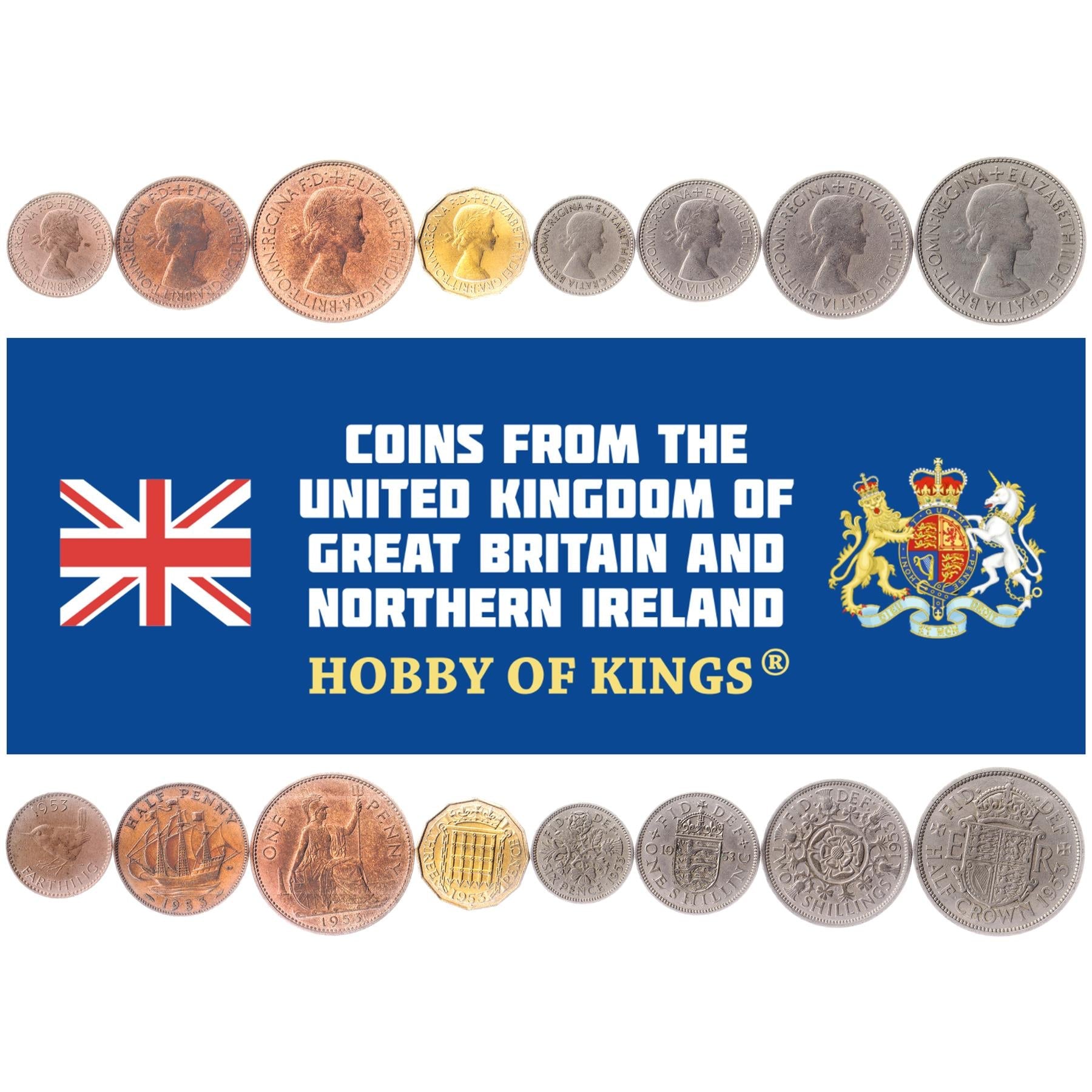 British 8 Coin Set | 1 Farthing 1/2 1 3 6 Pence 1 2 Shillings 1/2 Crown | United Kingdom | 1953