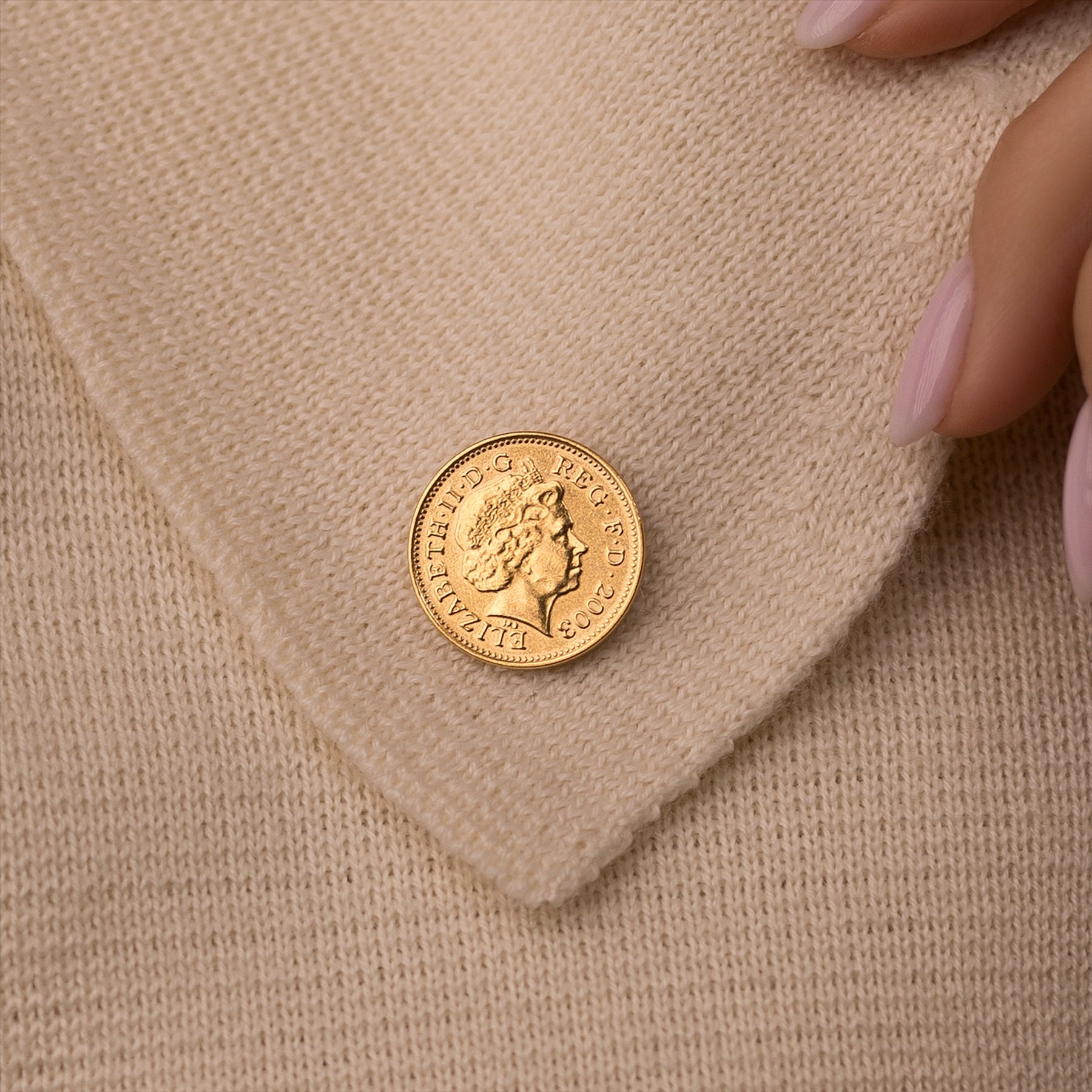 British Coin Pin Brooch Badge | Genuine One 1 Penny | 18K Gold Plated | Queen Elizabeth II