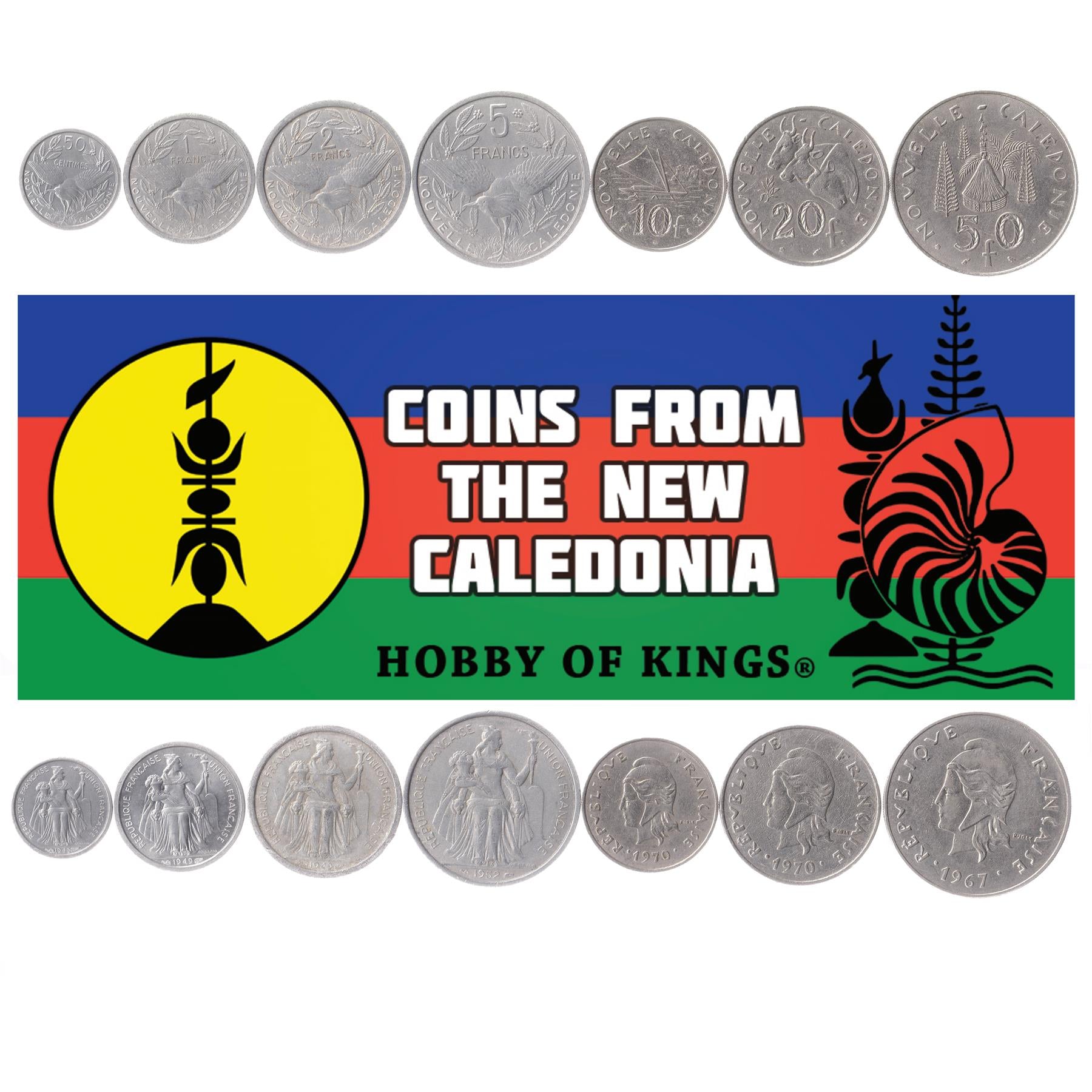 Caledonia 7 Coin Set 50 Sentimes 1 2 5 10 20 50 Francs 1949 - 1970