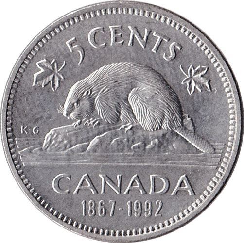 Canada 5 Cents Coin | Queen Elizabeth II | Beaver | Maple Leave | KM205 | 1992