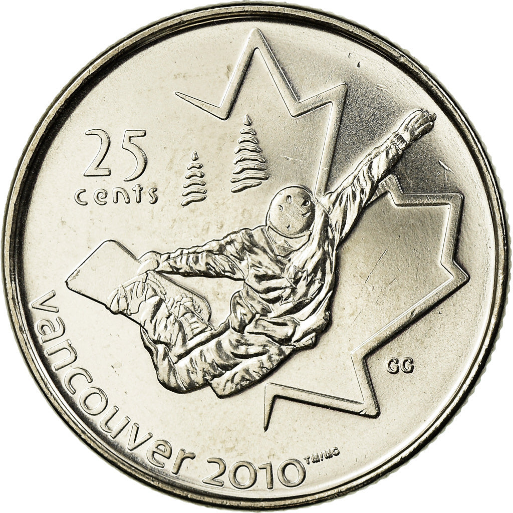 Canada Coin Canadian 25 Cents | Queen Elizabeth II | Snowboarding | KM768 | 2008