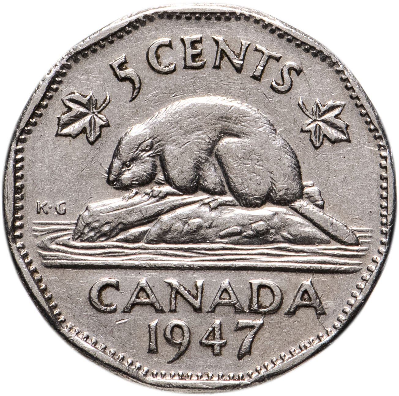 Canada Coin Canadian 5 Cents | King George VI | Beaver | Maple Leave | KM39a | 1946 - 1947