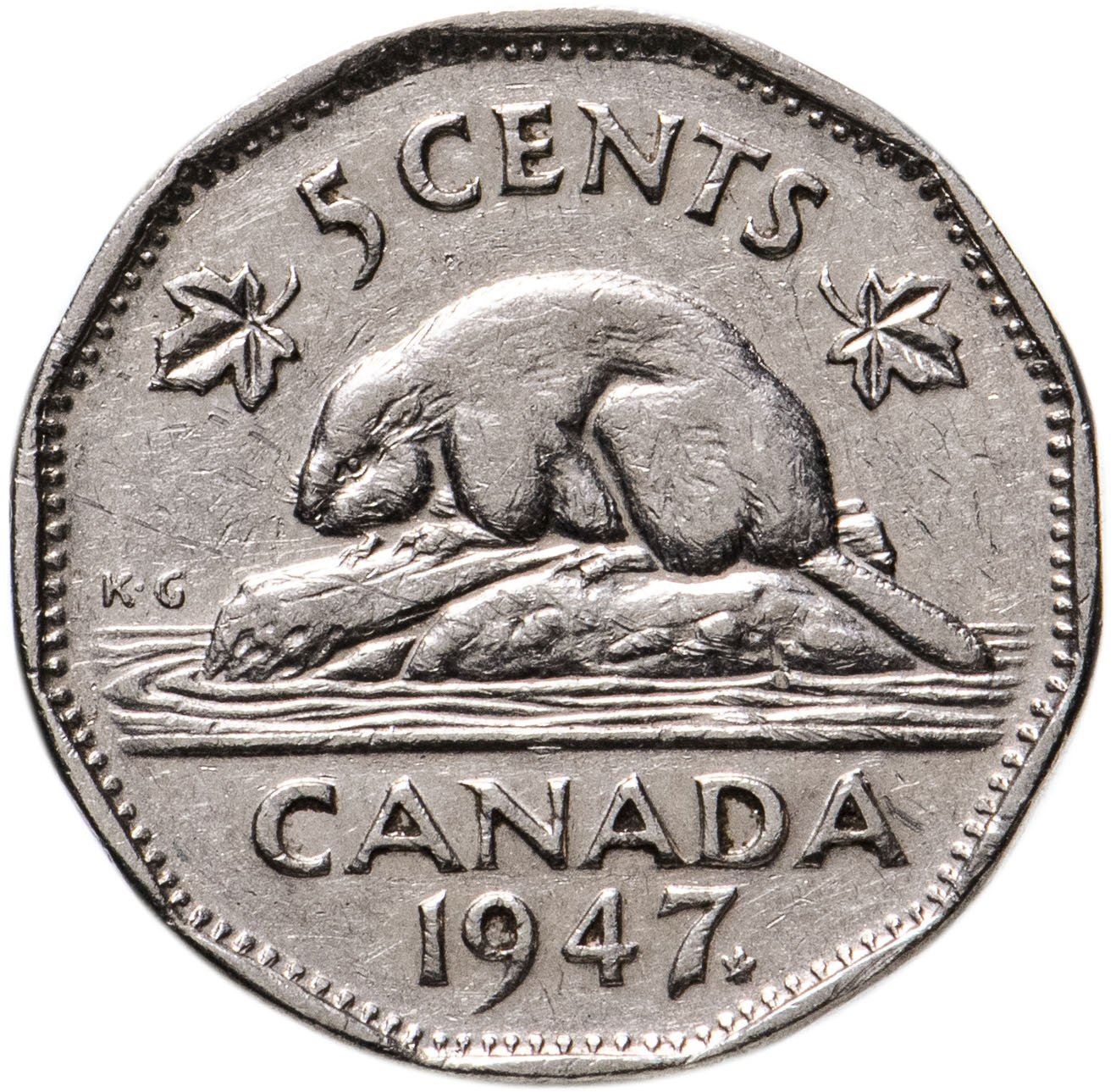 Canada Coin Canadian 5 Cents | King George VI | Beaver | Maple Leave | KM39a | 1946 - 1947