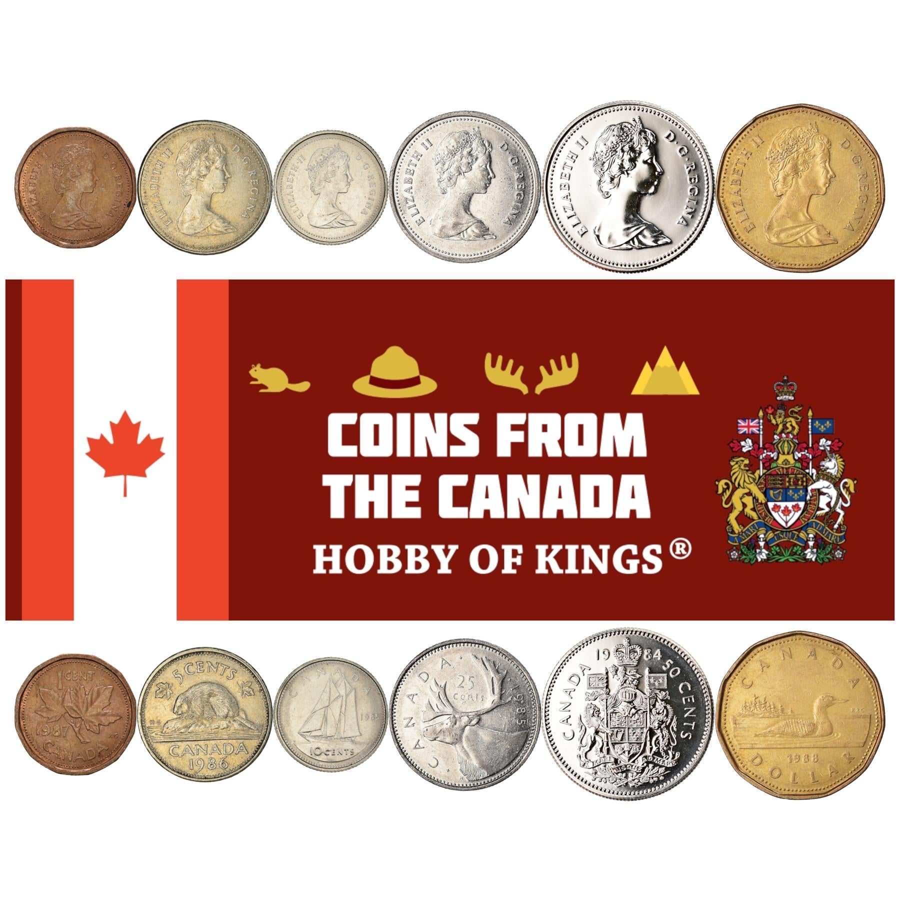 Canadian 6 Coin Set 1 5 10 25 50 Cents 1 Dollar | Queen Elizabeth II | Beaver | Reindeer | Loon | Maple Leaf | Bluenose | Canada | 1978 - 1989