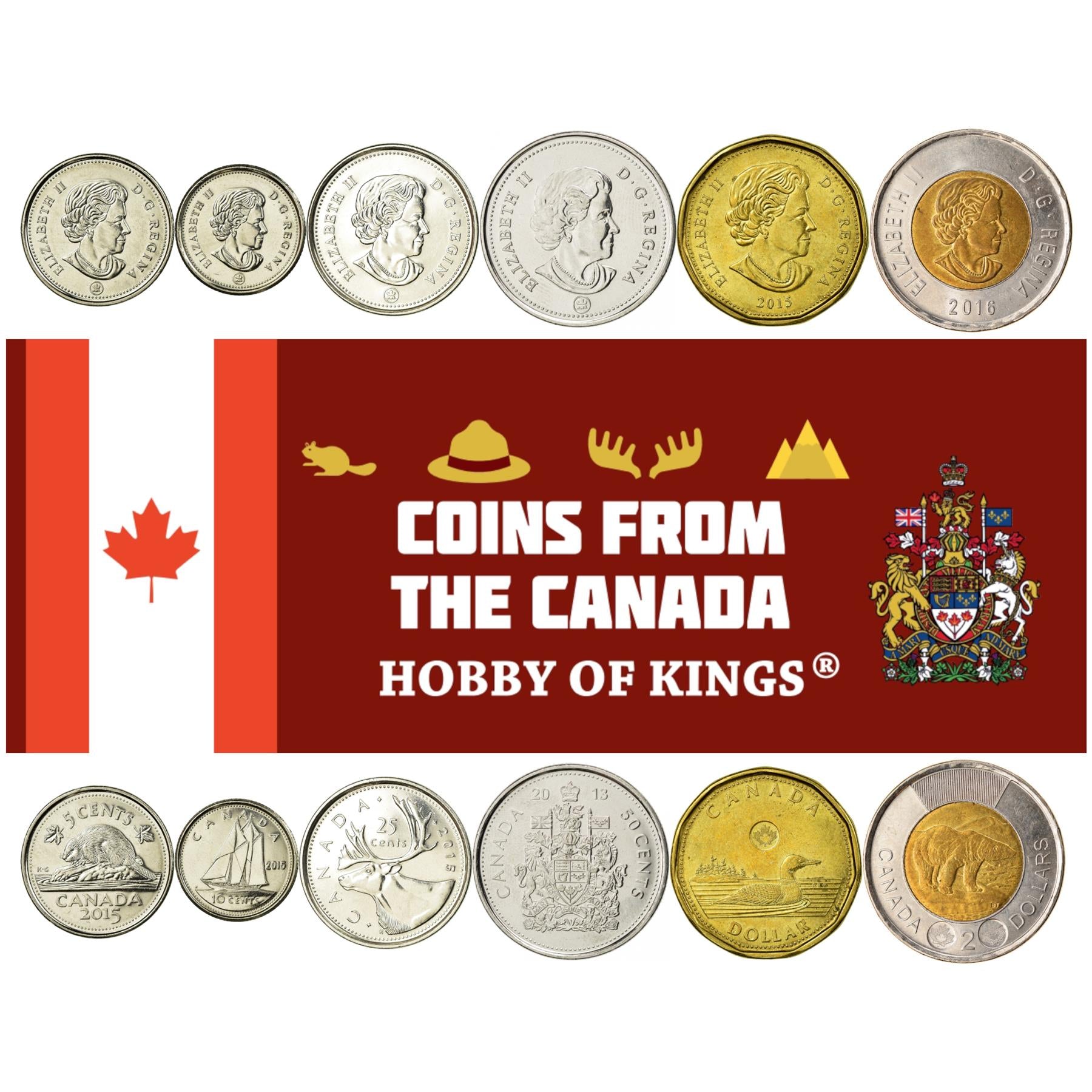 Canadian 6 Coin Set 5 10 25 50 Cents 1 2 Dollars | Queen Elizabeth II | Beaver | Reindeer | Polar Bear | Loon | Maple Leaves | Bluenose | Canada | 2012 - 2022