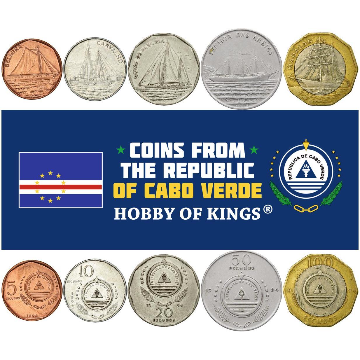 Cape Verde | 5 Coin Set | 5 10 20 50 100 Escudos | Ships | Sailing Boat | Belmira | Sailing Ship | Carvalho | Novas de Alegria | Senhor das Areias | Madalan | 1994