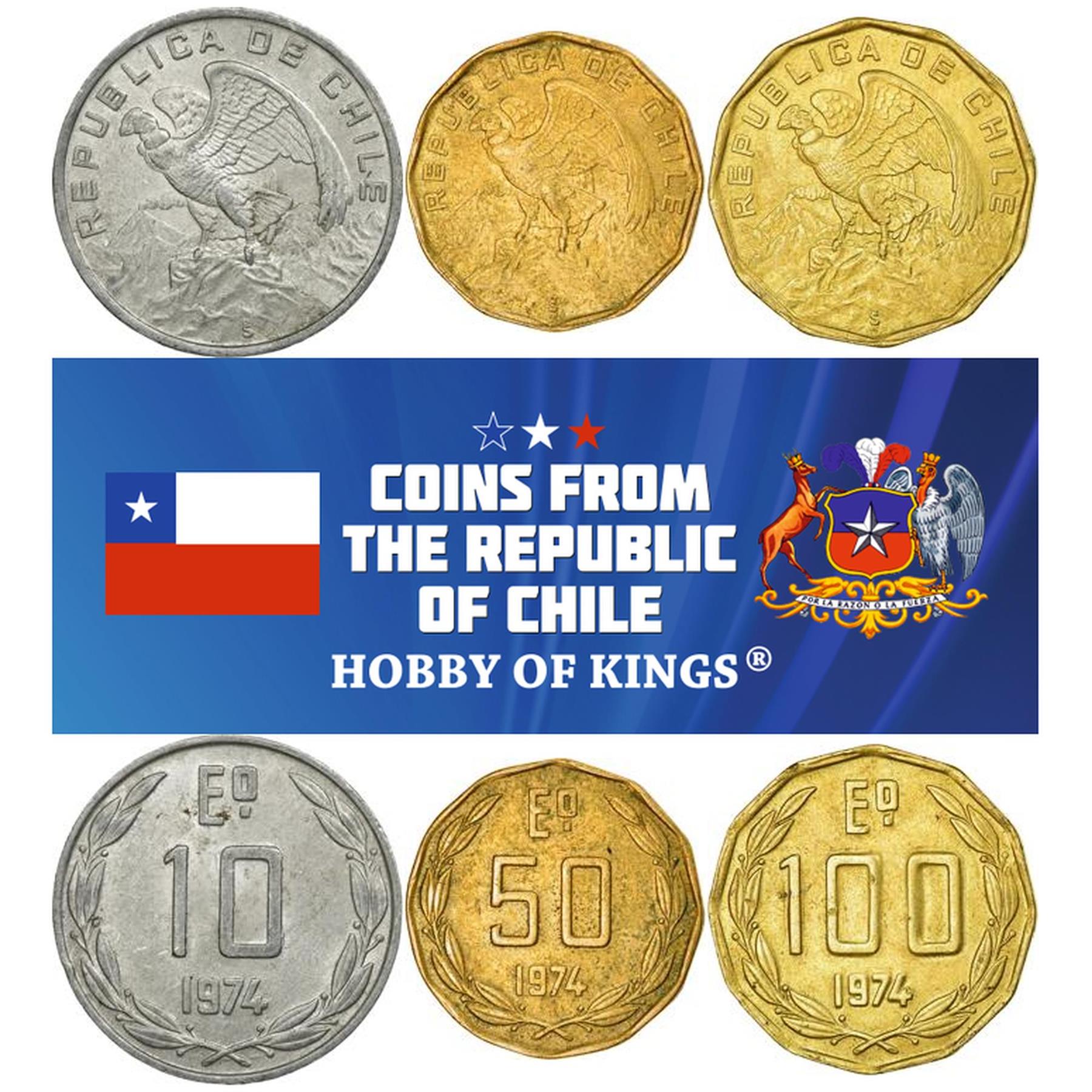 Chile 3 Coin Set 10 50 100 Escudos | KM 200 201 202 | 1974 - 1975