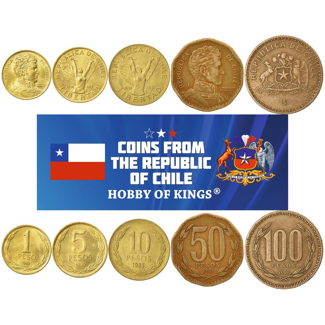 Chile | 5 Coin Set | 1 Peso 5 10 50 100 Pesos | Bernardo O'Higgins | Chilena | Laurel wreath | 1981 - 2023