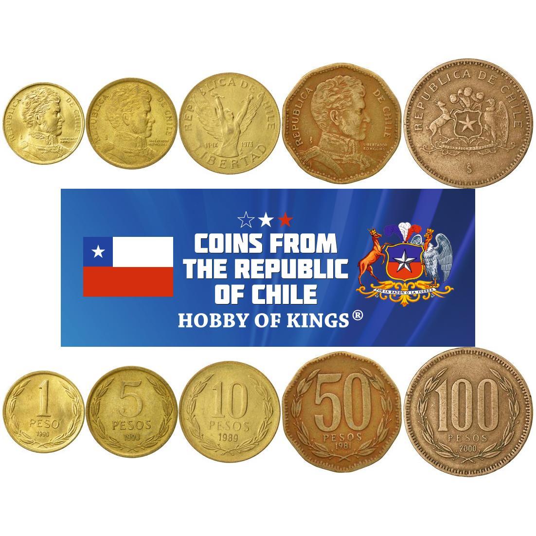 Chile | 5 Coin Set | 1 Peso 5 10 50 100 Pesos | Bernardo O'Higgins | Chilena | Laurel wreath | 1981 - 2023