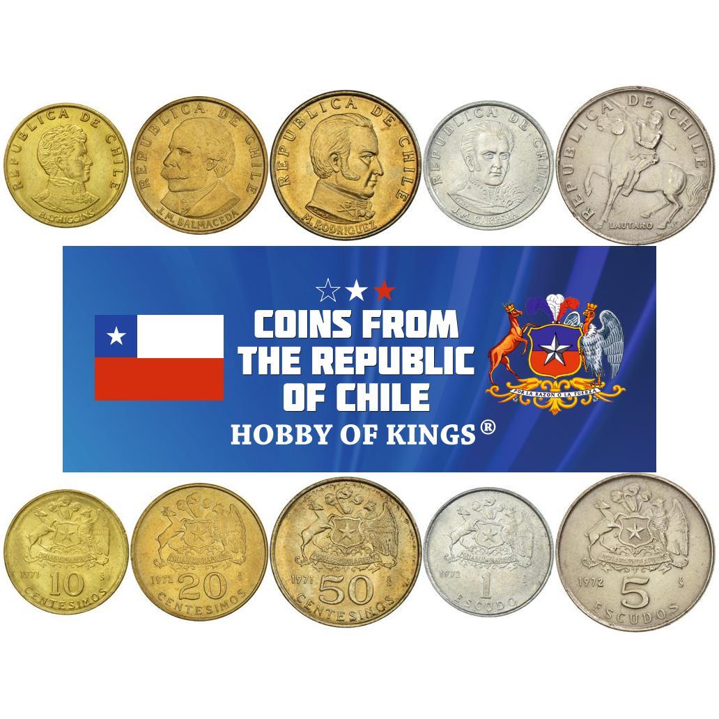 Chile 5 Coin Set 10 20 50 Centésimos 1 5 Escudos | Famous Chilean Figures | 1971 - 1972