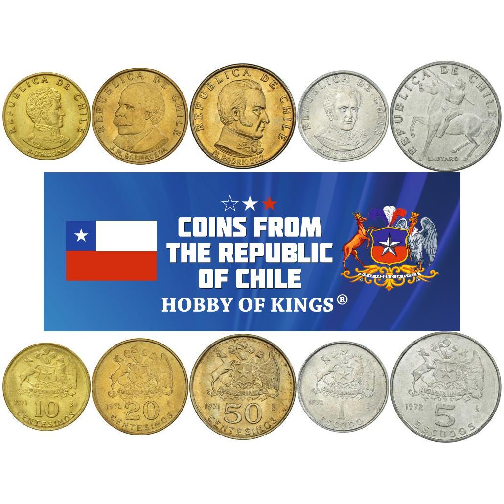 Chile | 5 Coin Set | 10 20 50 Centesimos 1 Escudo 5 Escudos | Bernardo O'Higgins | Arms of Chile | José Manuel Balmaceda Fernández | Manuel Javier Rodríguez Erdoíza | José Miguel Carrera Verdugo | Lautaro | 1971 - 1972