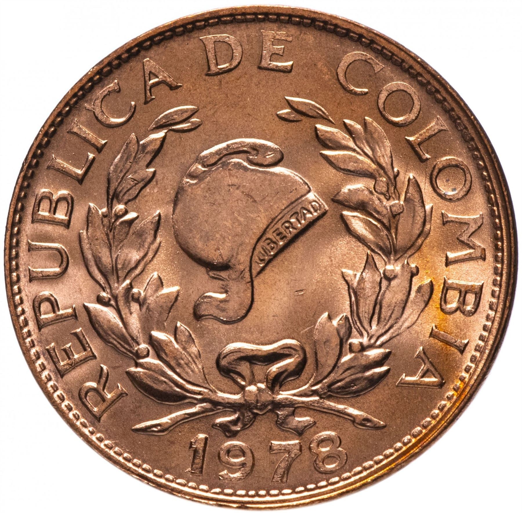 Colombia 5 Centavos Coin | Jacobin liberty cap | Coffee bean sprigs | 1967 - 1979