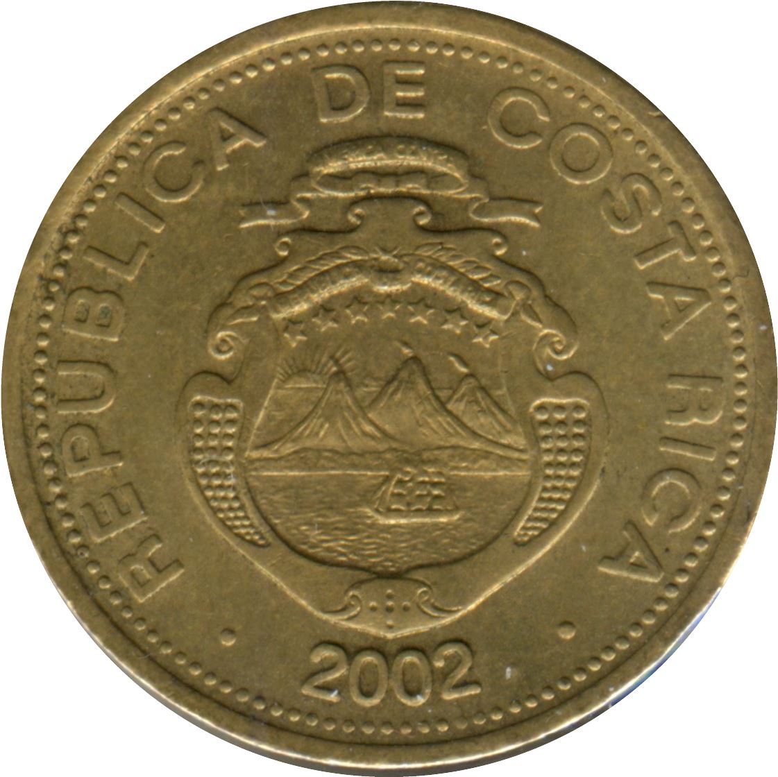 Costa Rica 10 Colones Coin | Stars | Volcno | Ship | Sun | KM228.2 | 2002