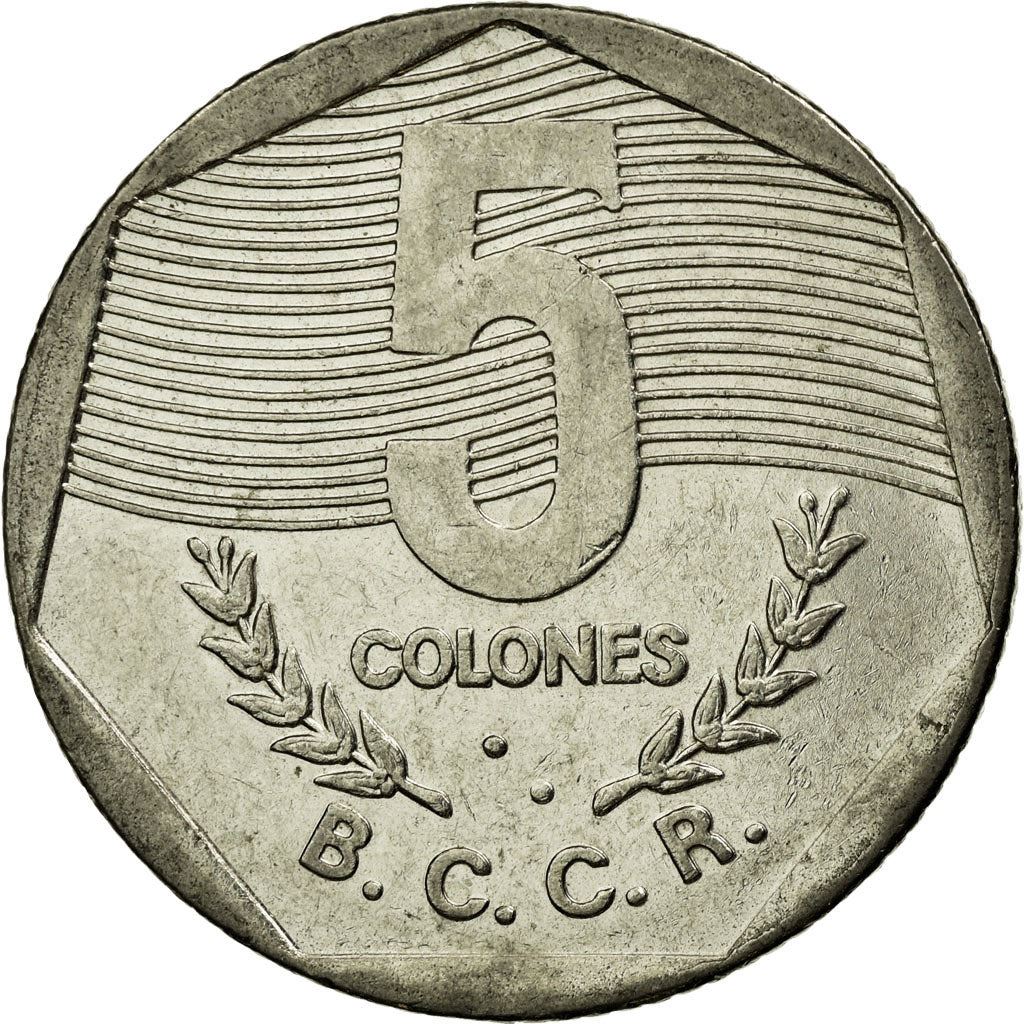 Costa Rica 5 Colones Coin | Stars | Volcno | Ship | Sun | KM214.3 | 1993