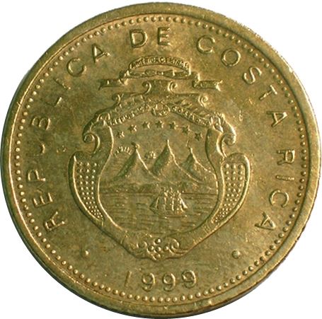 Costa Rica 5 Colones Coin | Stars | Volcno | Ship | Sun | KM227a.1 | 1999