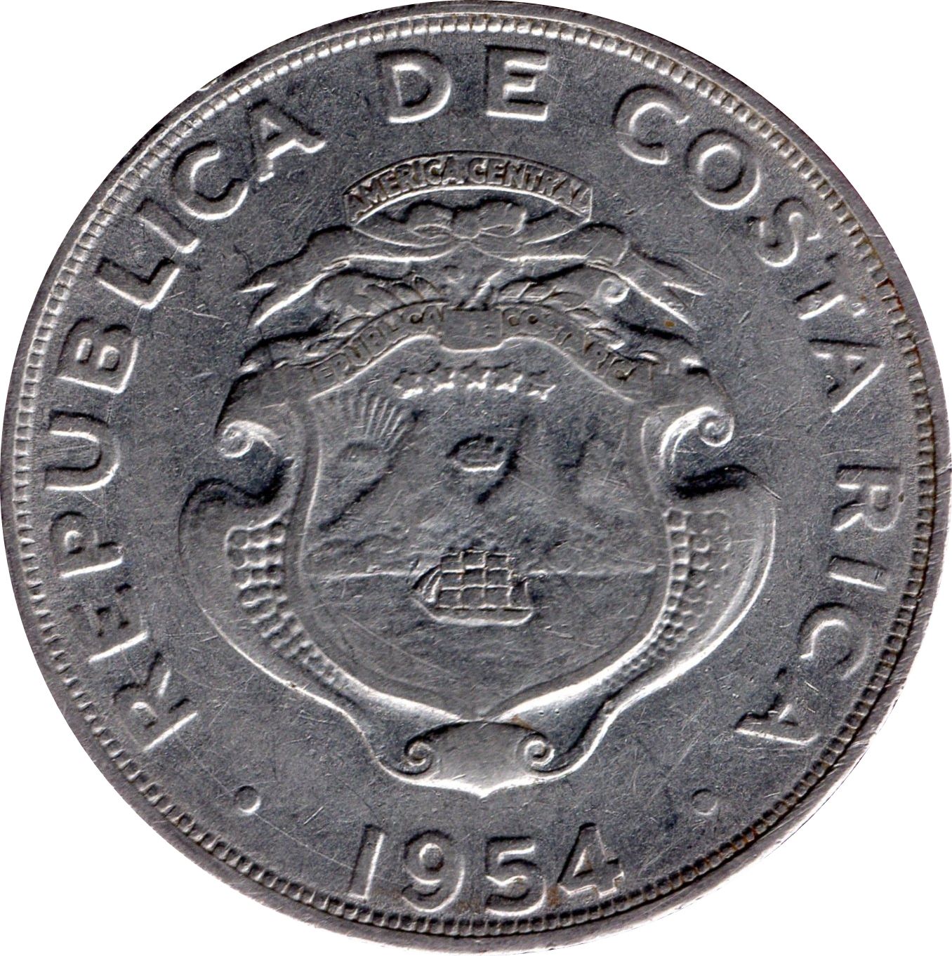 Costa Rica Coin | 1 Colón | Stars | Volcno | Ship | Sun | KM186.1 | 1954