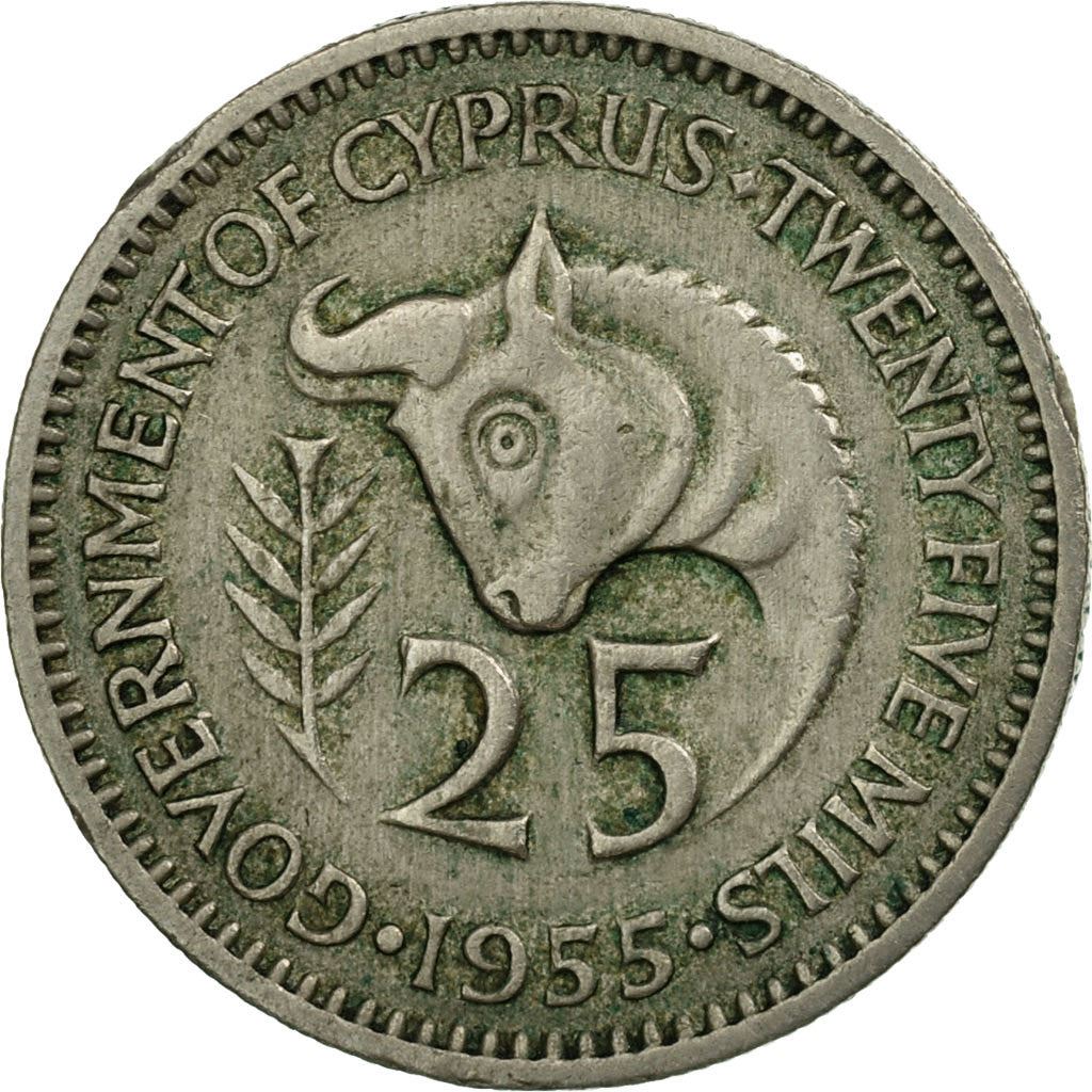 Cyprus 25 Mils Coin | Queen Elizabeth II | Bull | KM35 | 1955